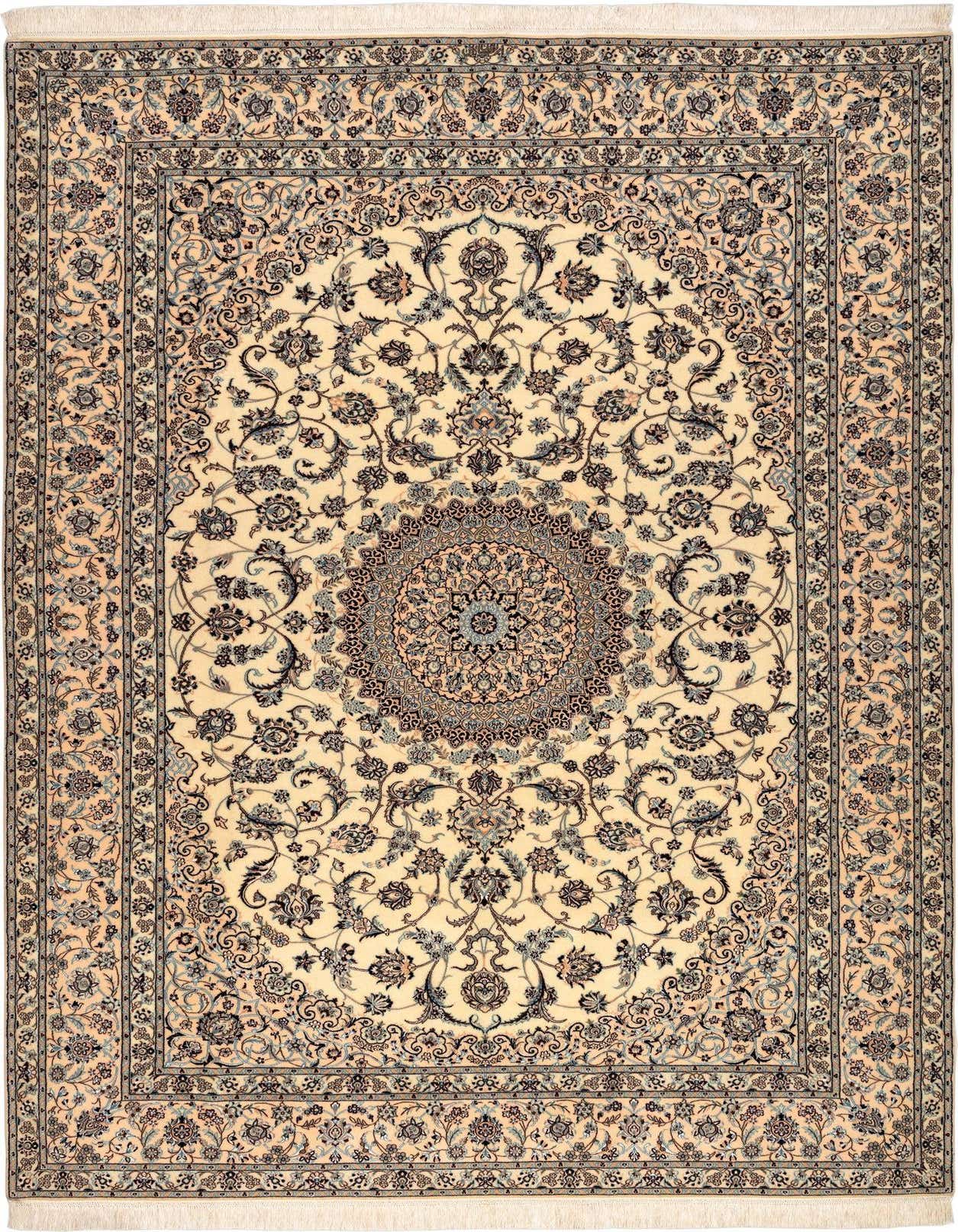 A 7x10 rectangular Persian rug with a cream background, intricate brown and blue floral patterns, and a central medallion.