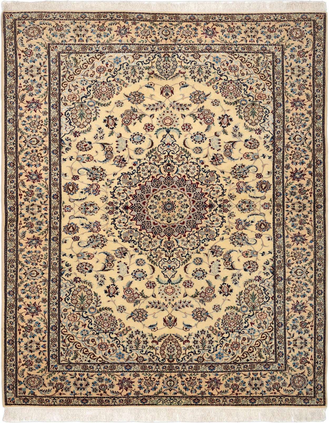 A 4x6 rectangular Persian rug with a cream and ivory background, featuring intricate brown, blue, and red floral patterns and a central medallion.