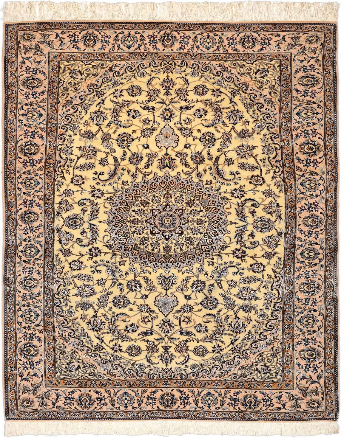 A rectangular 5x8 Persian rug in shades of cream and brown, featuring an intricate floral medallion pattern and decorative borders.