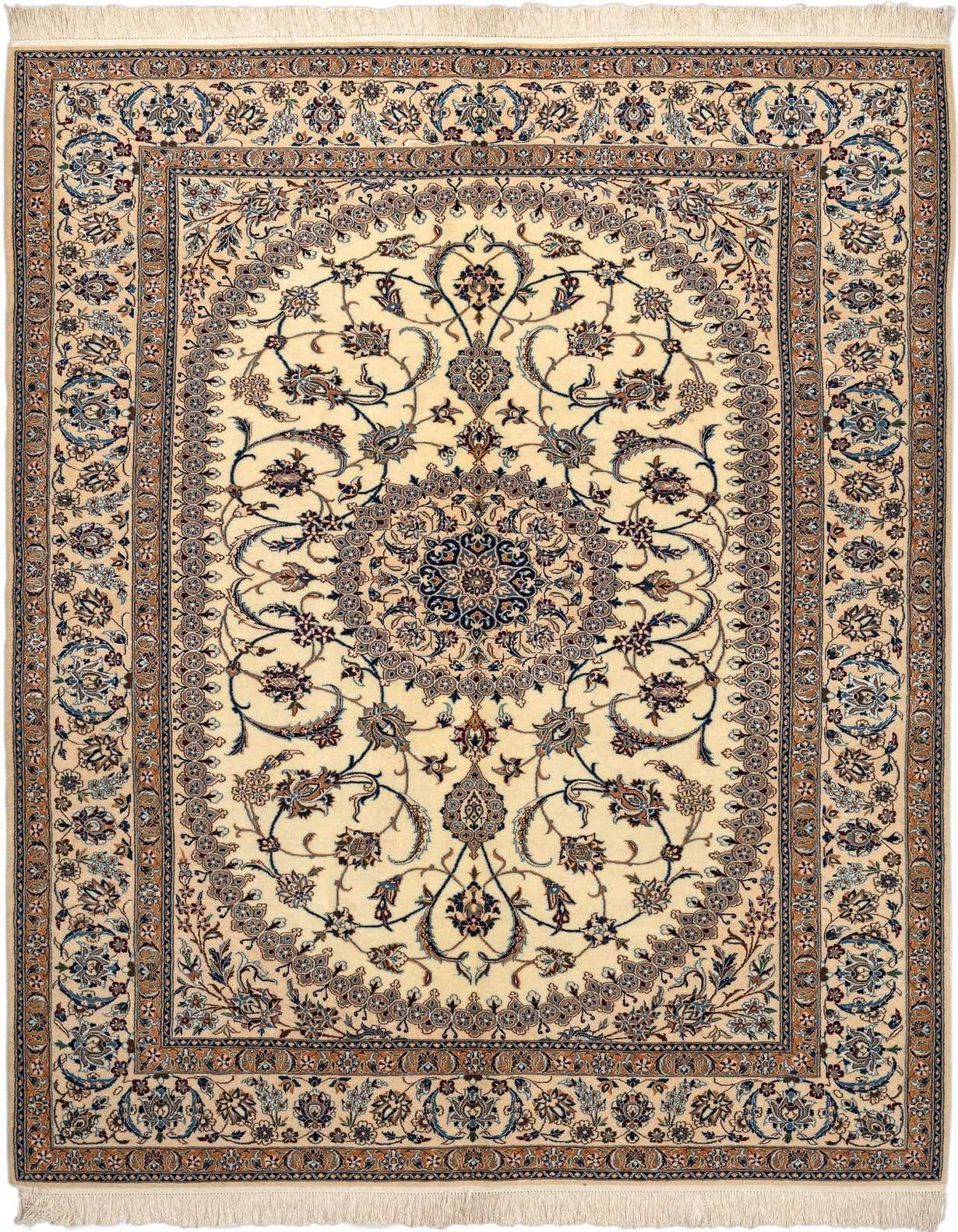 A 5x8 rectangular Persian rug with a cream field, intricate floral medallion, and brown and blue accents.