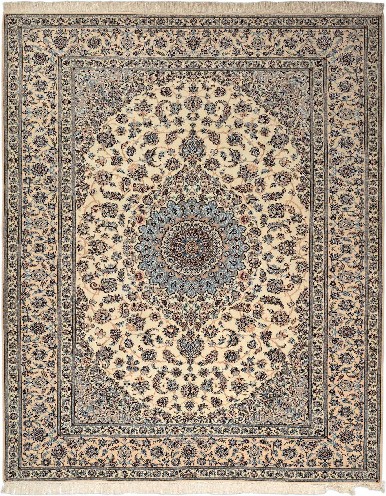 A 7x10 rectangular Rugs.com Nain Persian rug featuring a cream and ivory field with intricate brown and blue floral patterns and a central medallion.