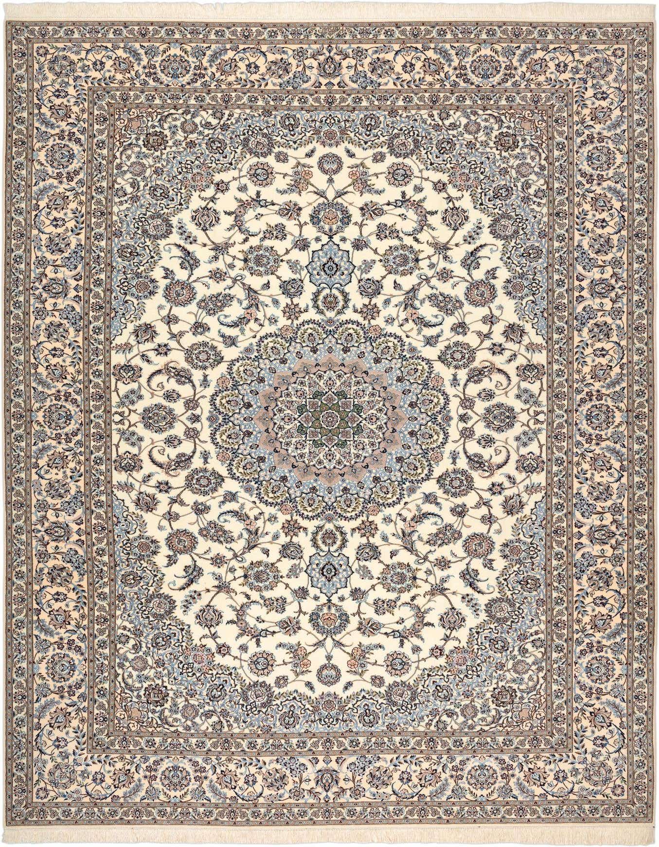 A 9x12 rectangular Persian rug with an ivory and cream background, featuring intricate brown and tan floral patterns and a central medallion.