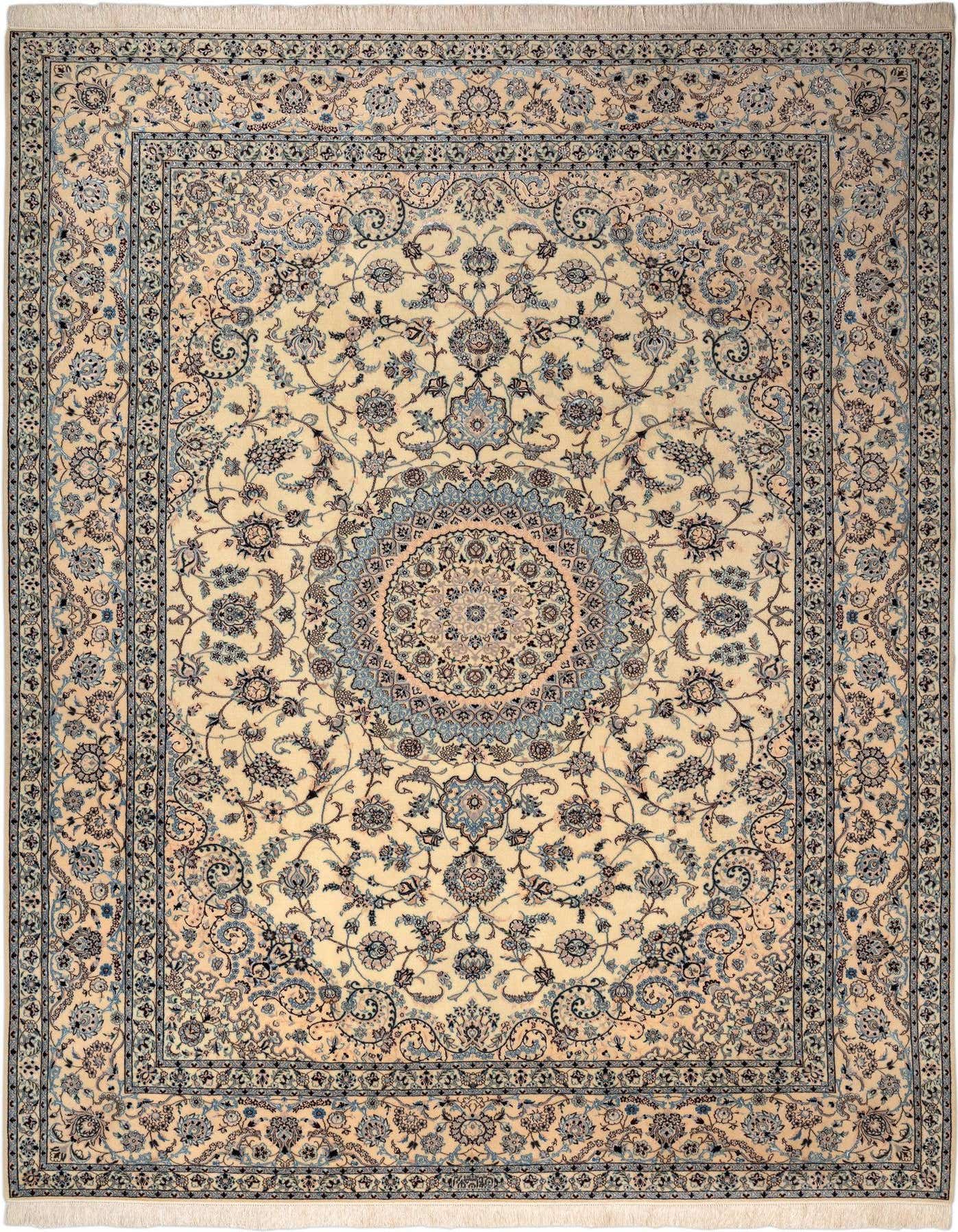 A large 9x12 rectangular Persian rug with a cream background, intricate brown and light blue floral patterns, and a central medallion.