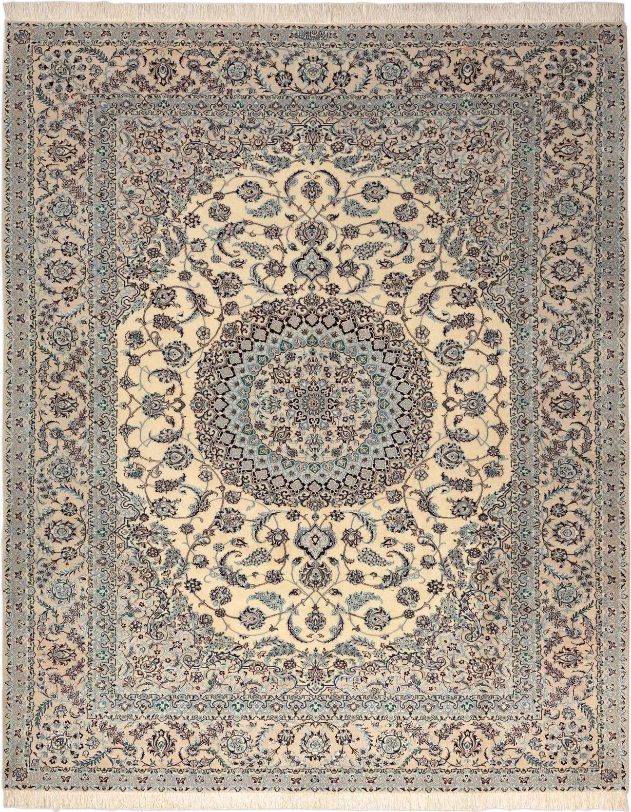 A 7x10 rectangular Persian rug in cream and brown, featuring an intricate floral medallion pattern.