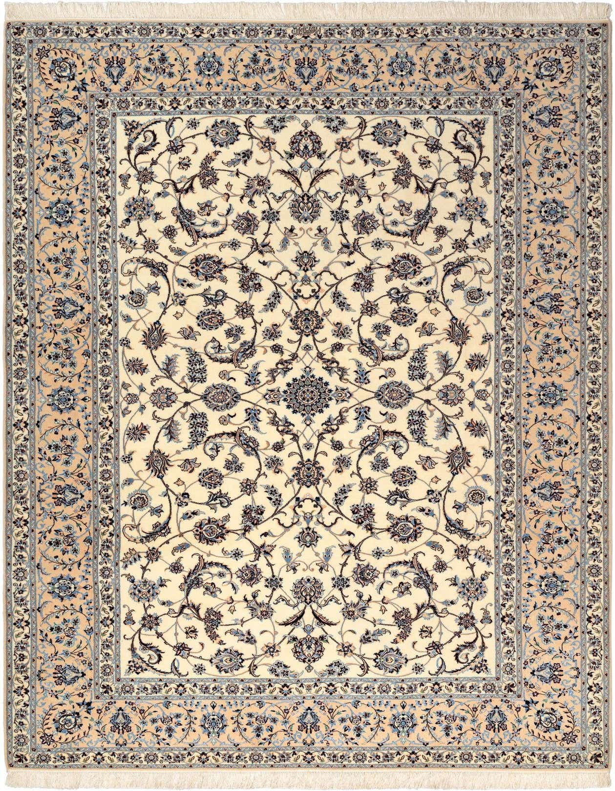 A 7x10 rectangular Persian rug in cream and tan with intricate floral patterns in blue and brown, featuring a thin pile.