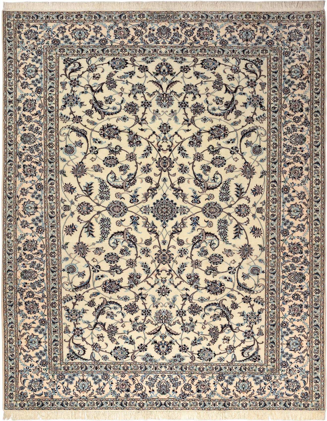 A 7x10 rectangular Persian rug in ivories and browns with an intricate floral and medallion pattern, ideal for a living room.