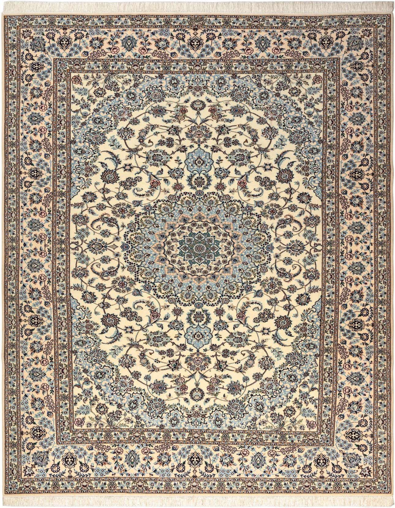 A 7x10 rectangular Persian rug in cream and light blue, featuring an intricate floral medallion pattern.