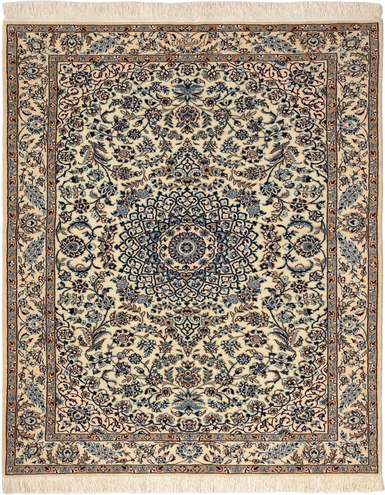 A 3x5 rectangular Persian rug with an ivory field, intricate brown and blue floral patterns, and a central medallion.