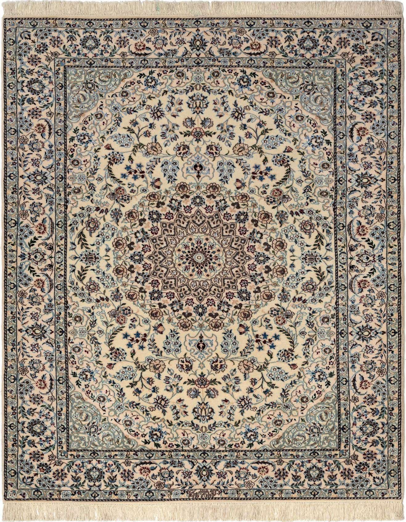 A 4x6 rectangular Persian rug featuring a detailed medallion and floral pattern in ivory, cream, brown, and blue tones.