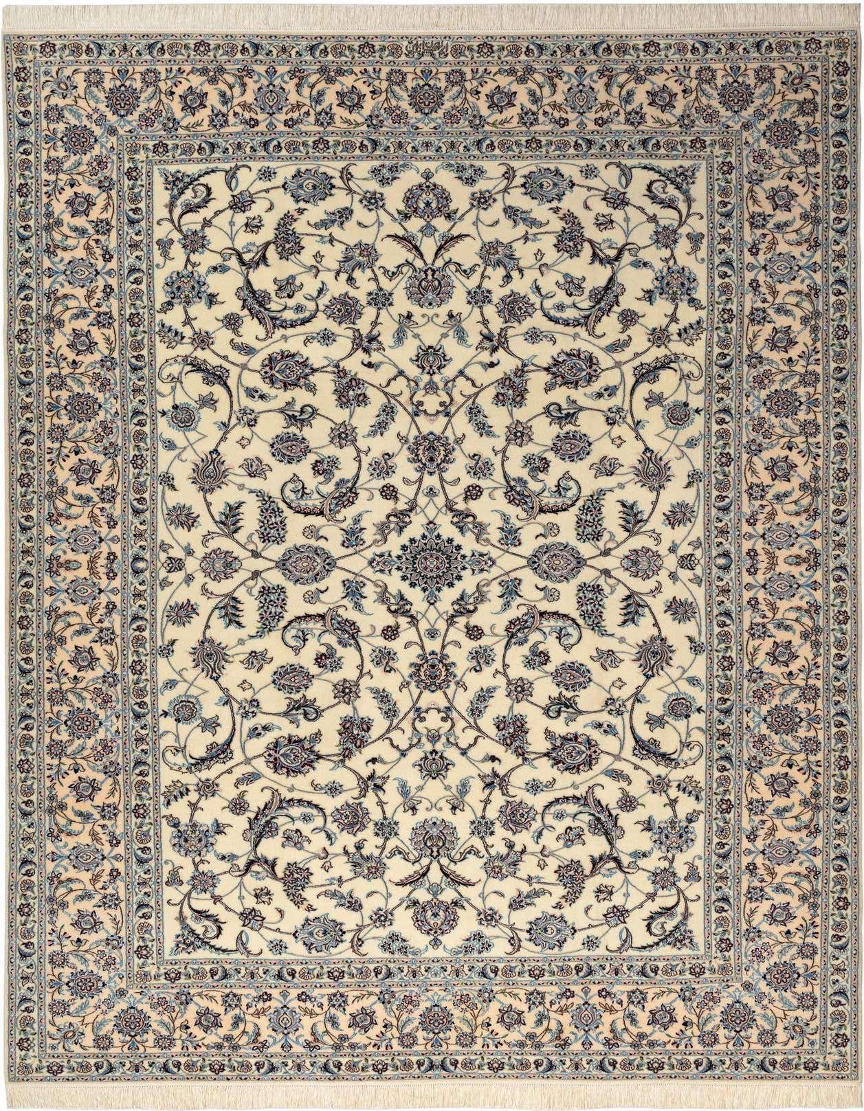 A 7x10 rectangular Persian rug featuring an intricate floral pattern in brown, tan, and ivory, with a thin pile.