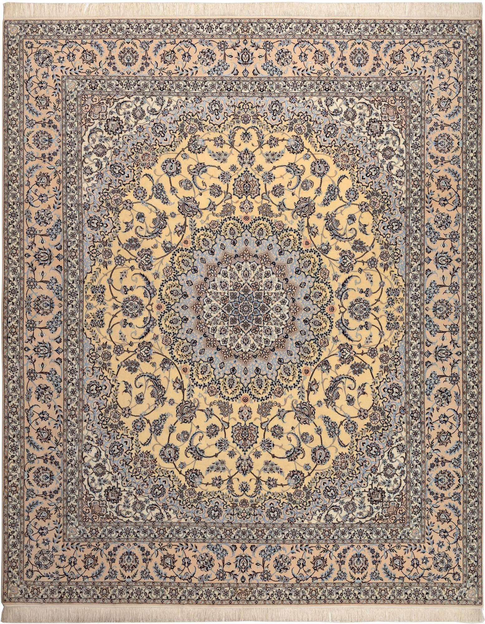 An 8x10 rectangular Persian rug in cream and brown, featuring an intricate floral medallion pattern.