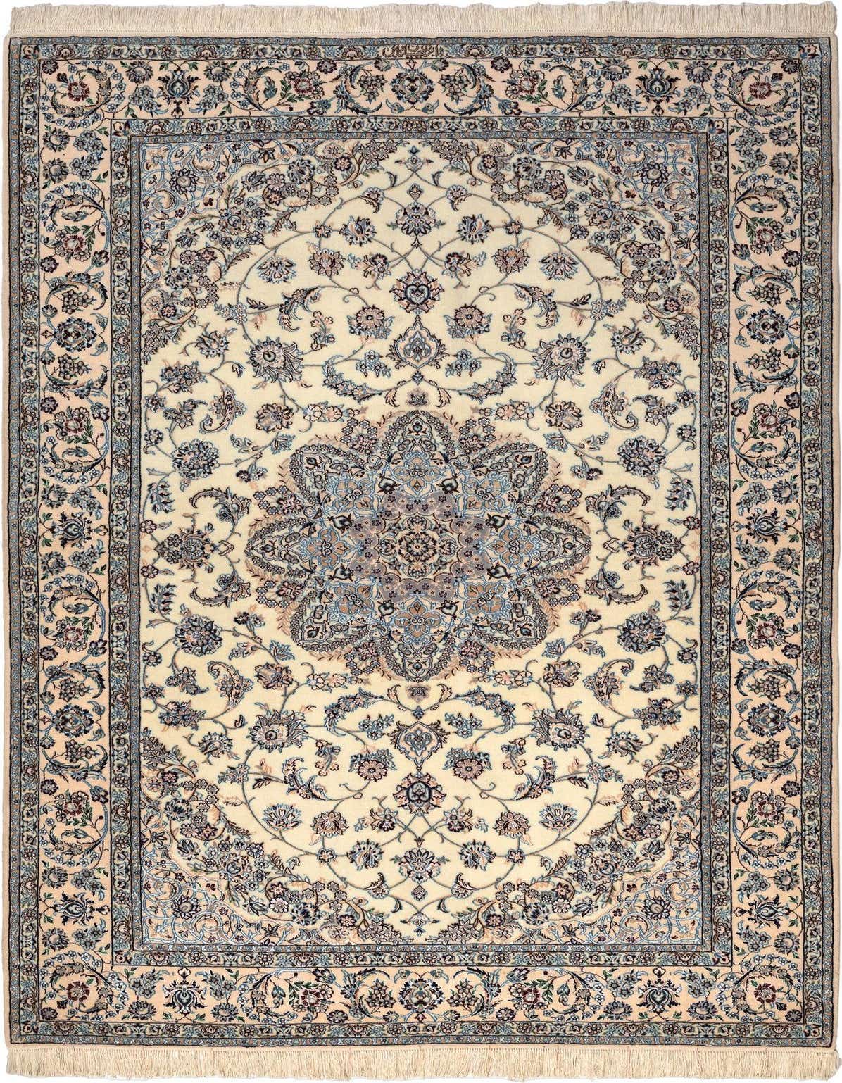 A 5x8 rectangular Persian rug with a cream and ivory background, featuring intricate brown and blue floral patterns and a central medallion.
