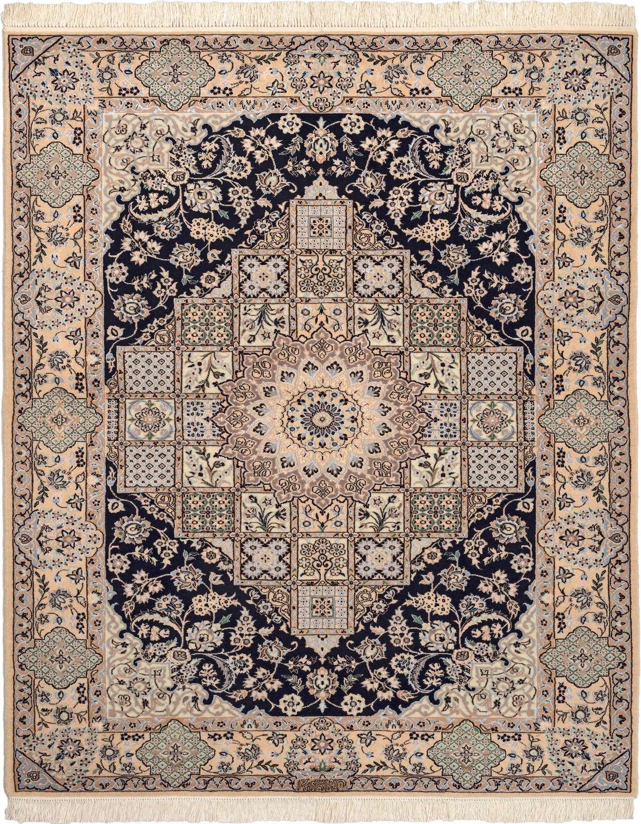 A 4x6 rectangular Persian rug with a dark navy central medallion and intricate floral patterns on a light brown and ivory background.