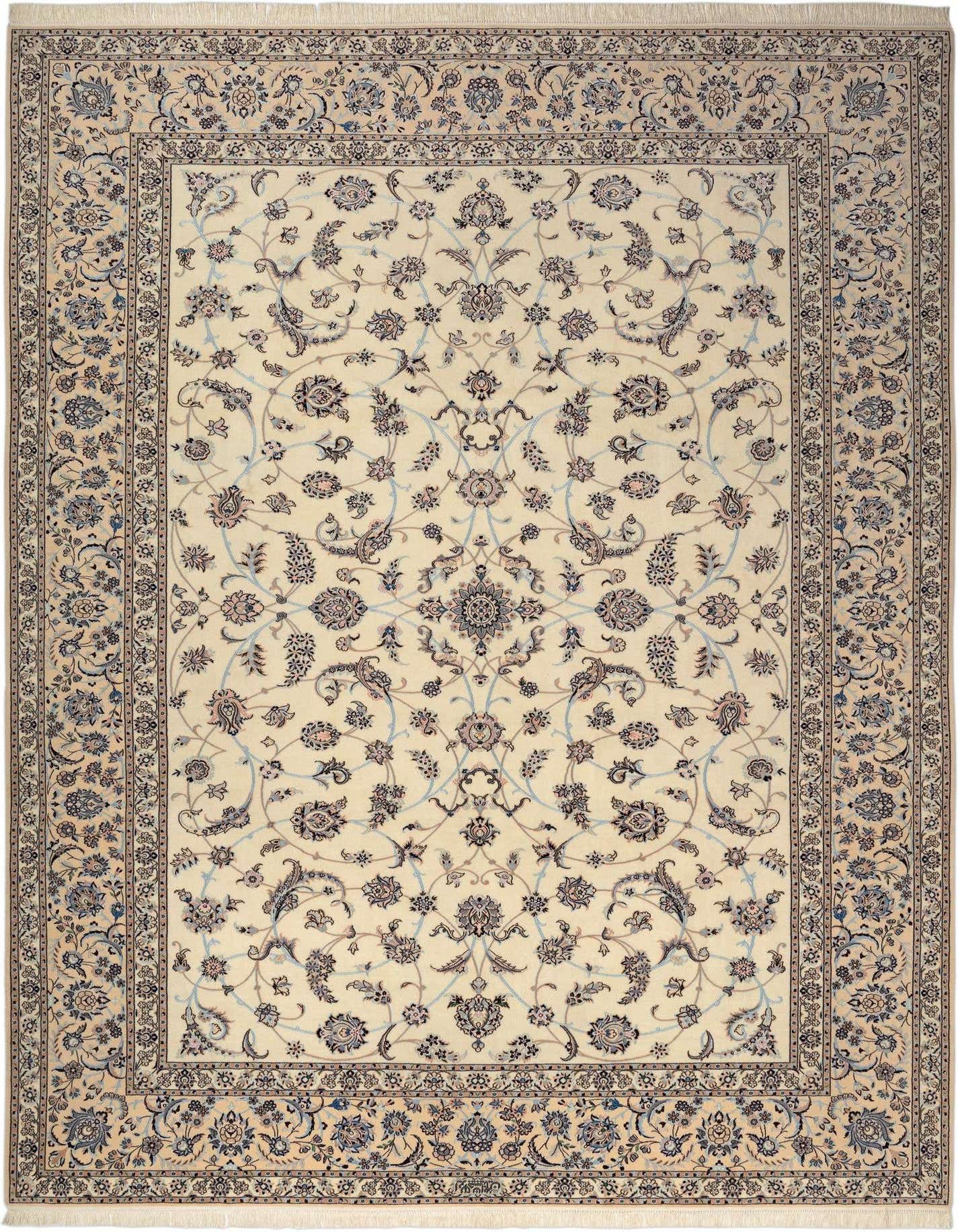 An 8x11 rectangular Persian rug with a cream field and intricate brown, tan, and light blue floral patterns, suitable for a living room.