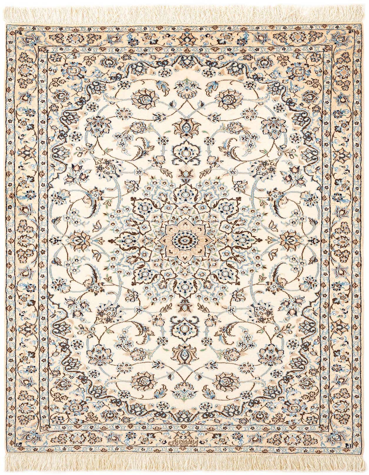 Handmade rectangular Persian rug in cream and ivory with intricate brown and light blue floral patterns and a central medallion.