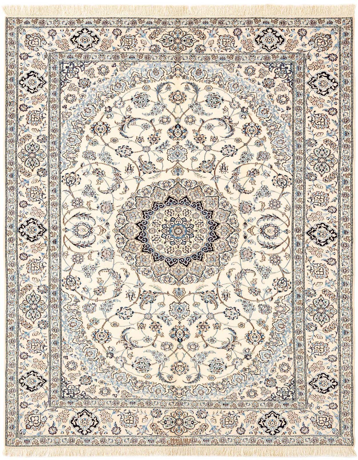 A rectangular handmade Persian rug with a cream background and intricate brown and blue floral medallion patterns.