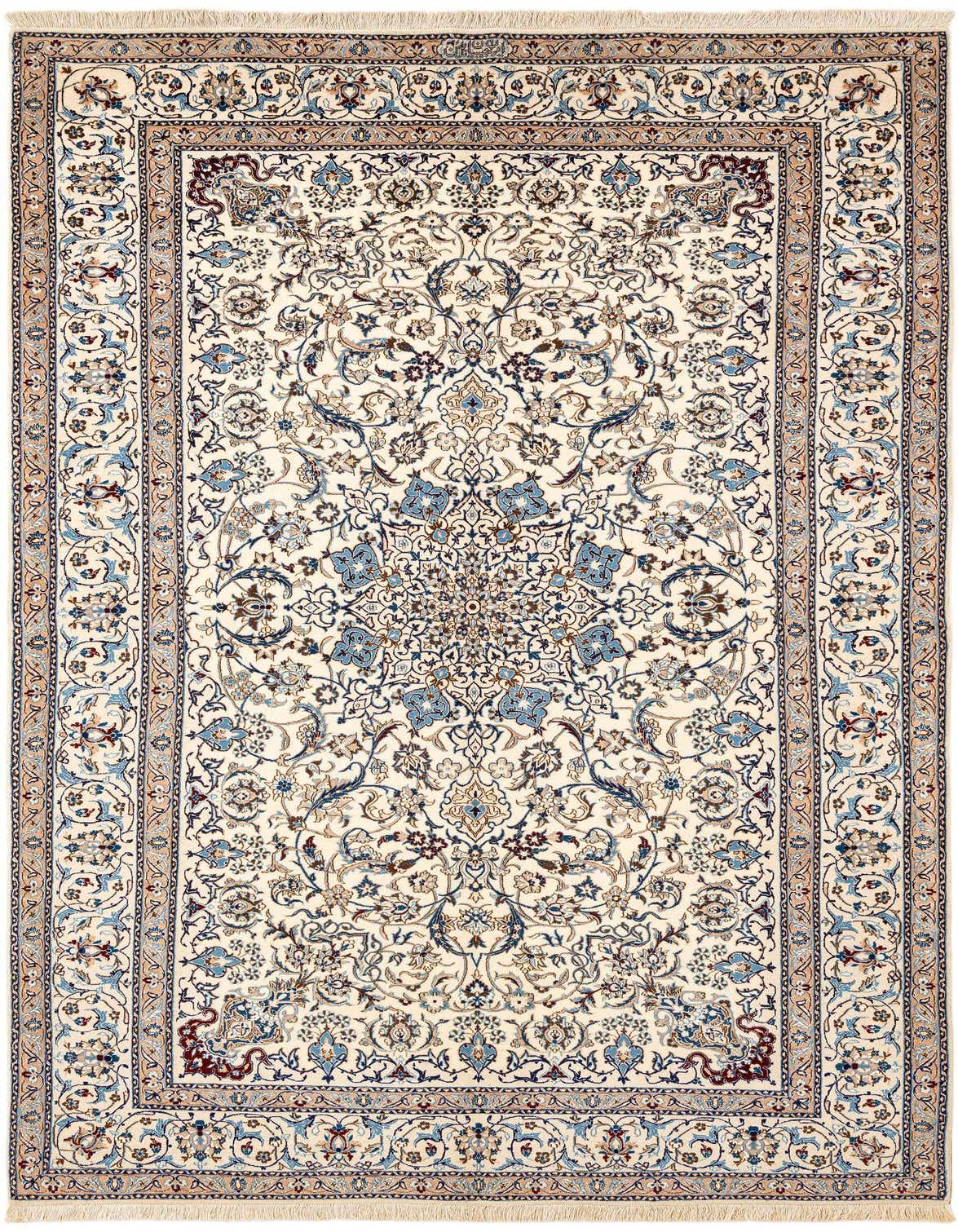 A rectangular handmade Persian rug with an ivory and cream background, featuring intricate brown and blue floral patterns and a detailed border.