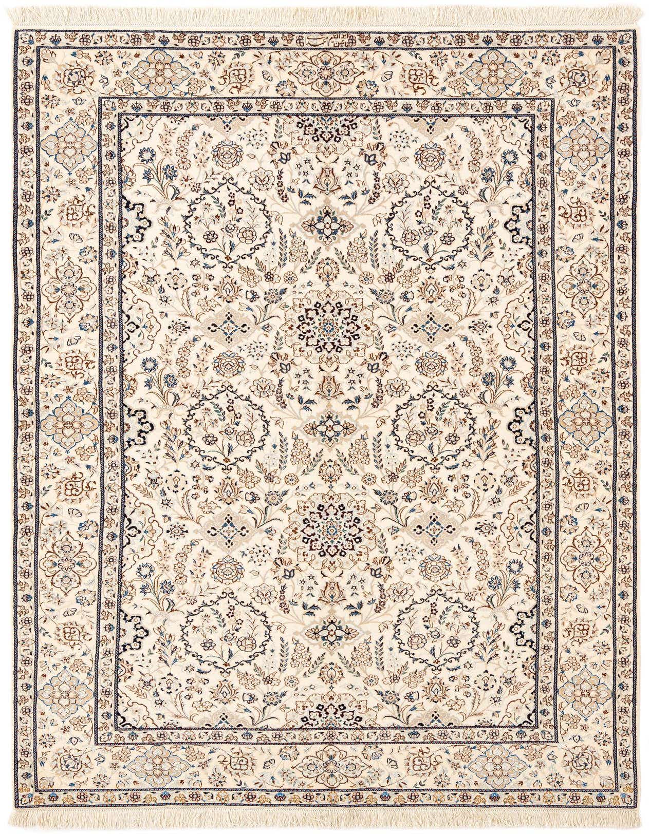 A rectangular handmade Persian rug in ivory and cream with intricate brown and blue floral patterns, featuring a thin pile and fringe.