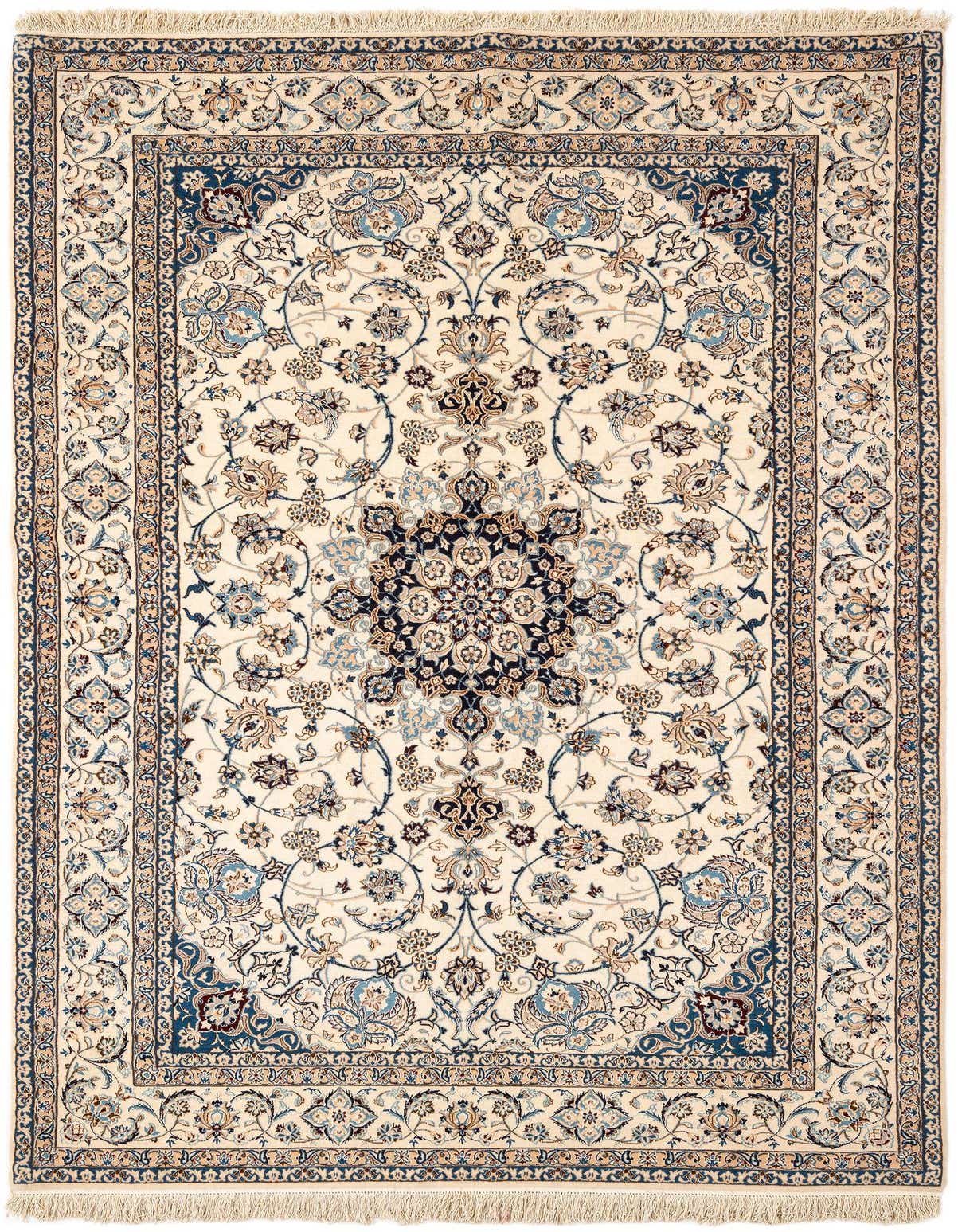 A rectangular handmade Persian rug with a cream background, intricate brown and blue floral patterns, and a detailed border.