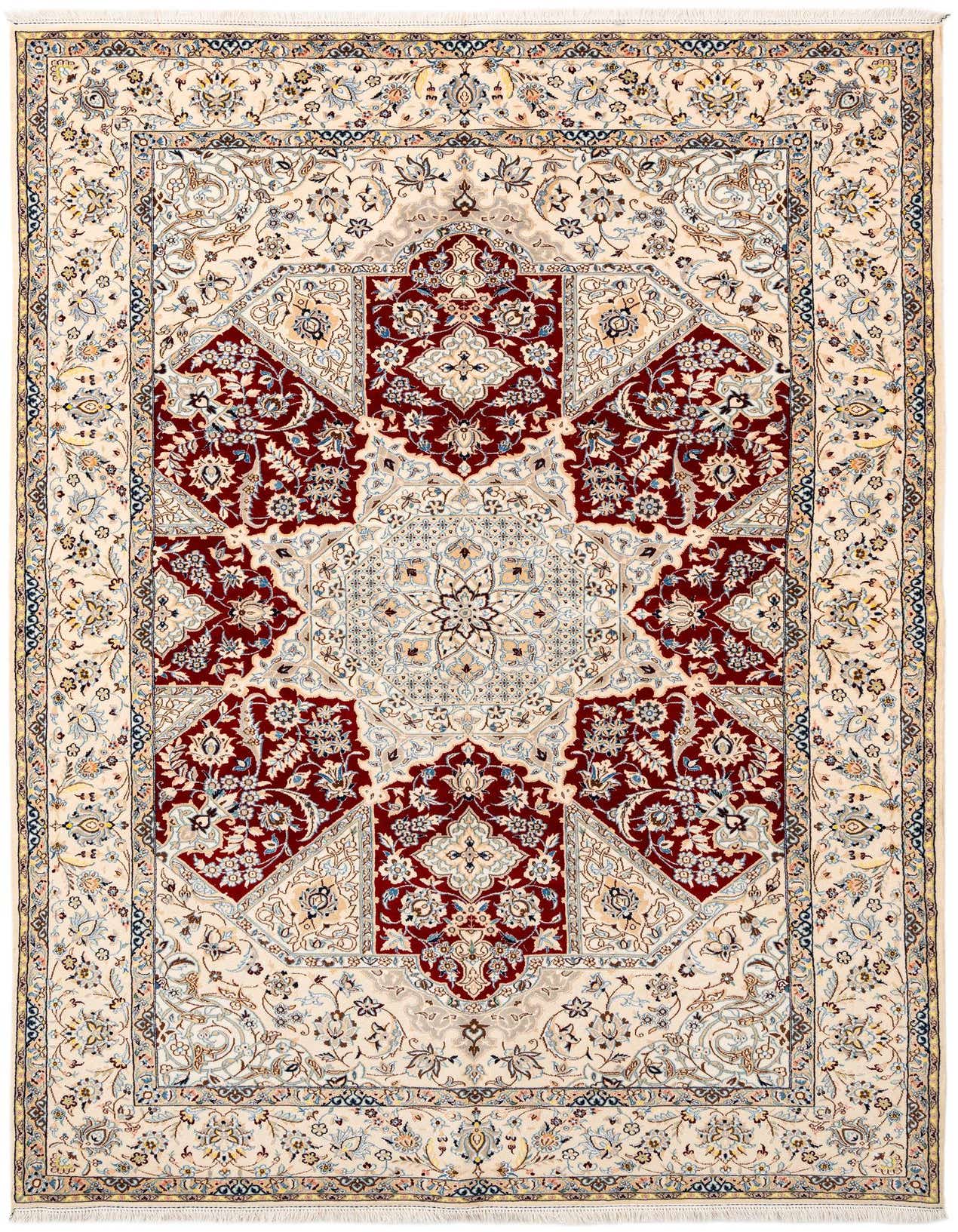 A 5x8 rectangular wool rug with a central medallion in deep red and intricate floral patterns on an ivory and tan background.