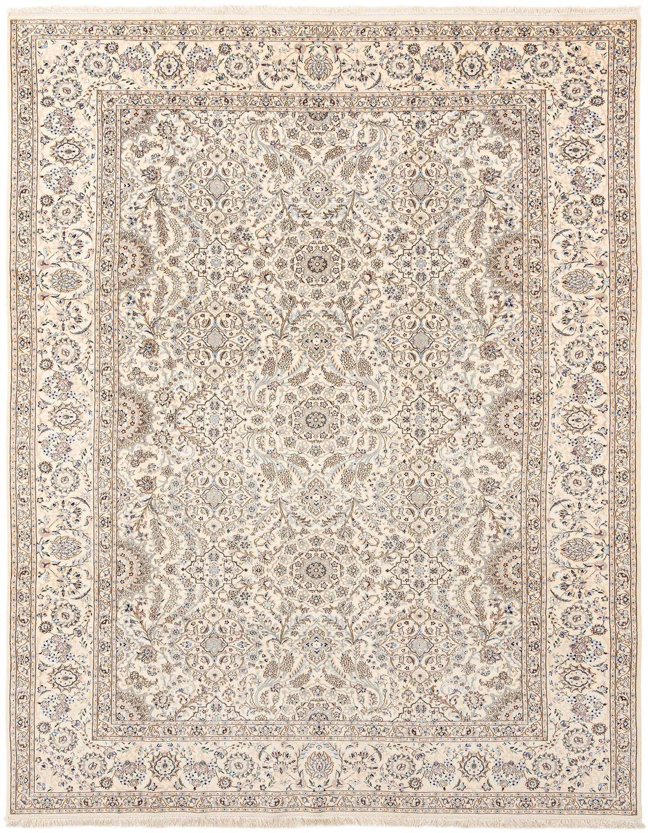A 6x9 rectangular wool rug in ivory and cream with a traditional floral pattern and intricate brown and blue details.