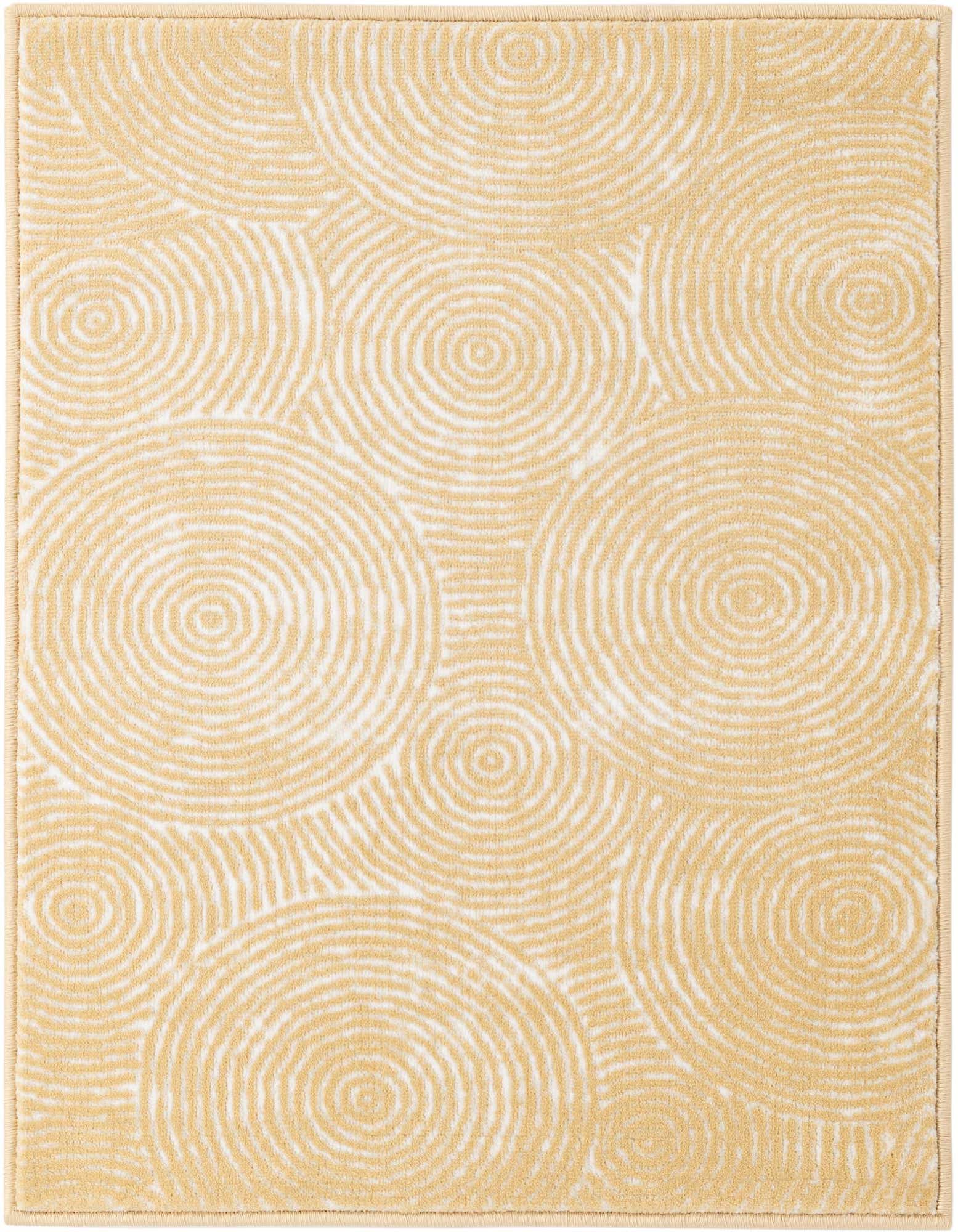 A 2x3 rectangular indoor rug featuring an abstract pattern of concentric tan circles on an ivory background.