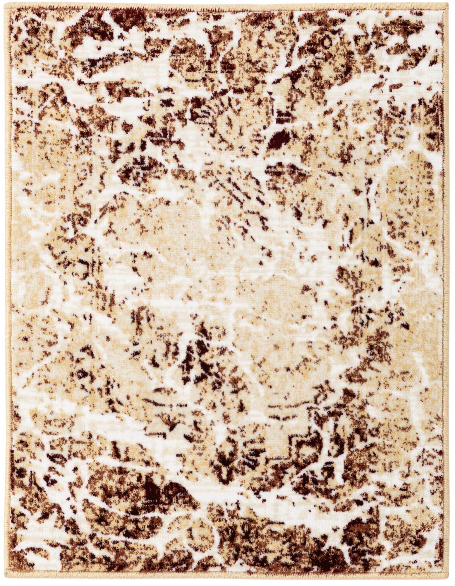 A 2x3 rectangular modern abstract rug featuring a distressed pattern in shades of brown, tan, and ivory.