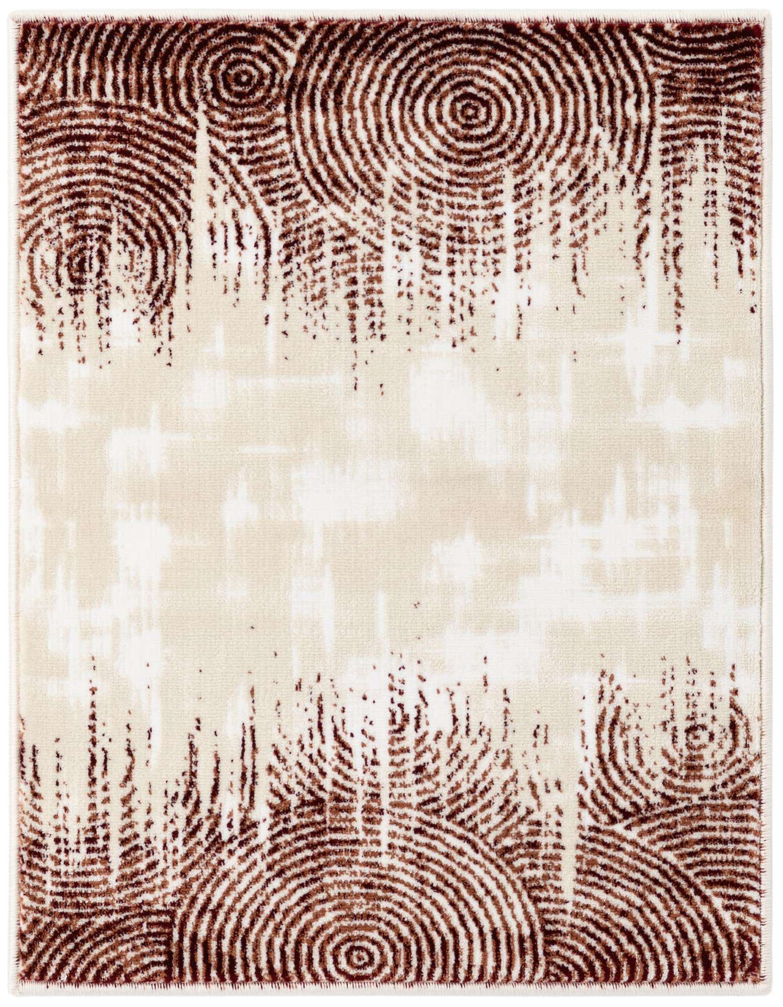 A 2x3 rectangular indoor rug featuring a modern abstract pattern with concentric brown circles and streaks on a cream and tan background.