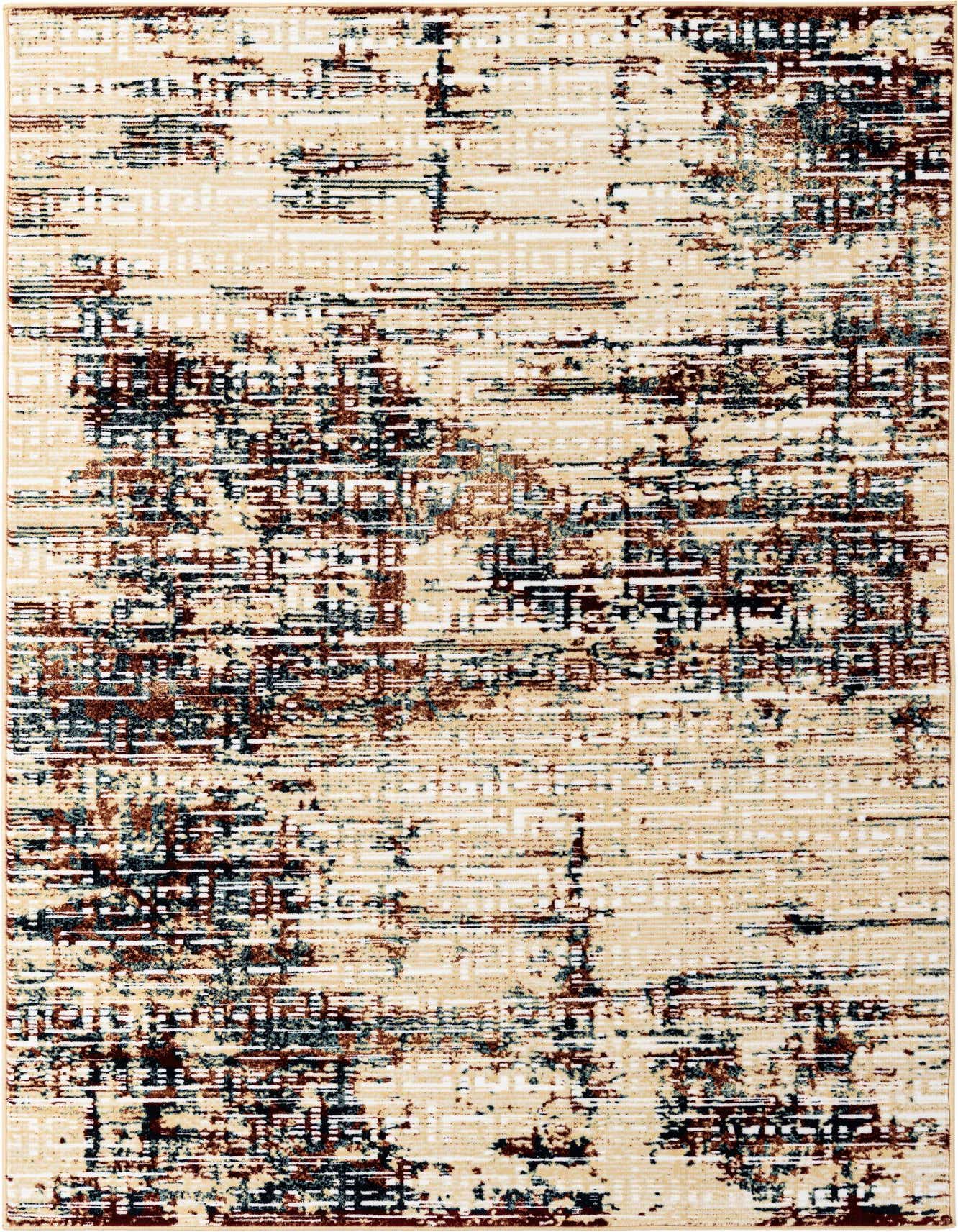 A 5x8 rectangular modern abstract rug with a thin pile, featuring a distressed pattern in browns, tans, creams, and hints of blue.