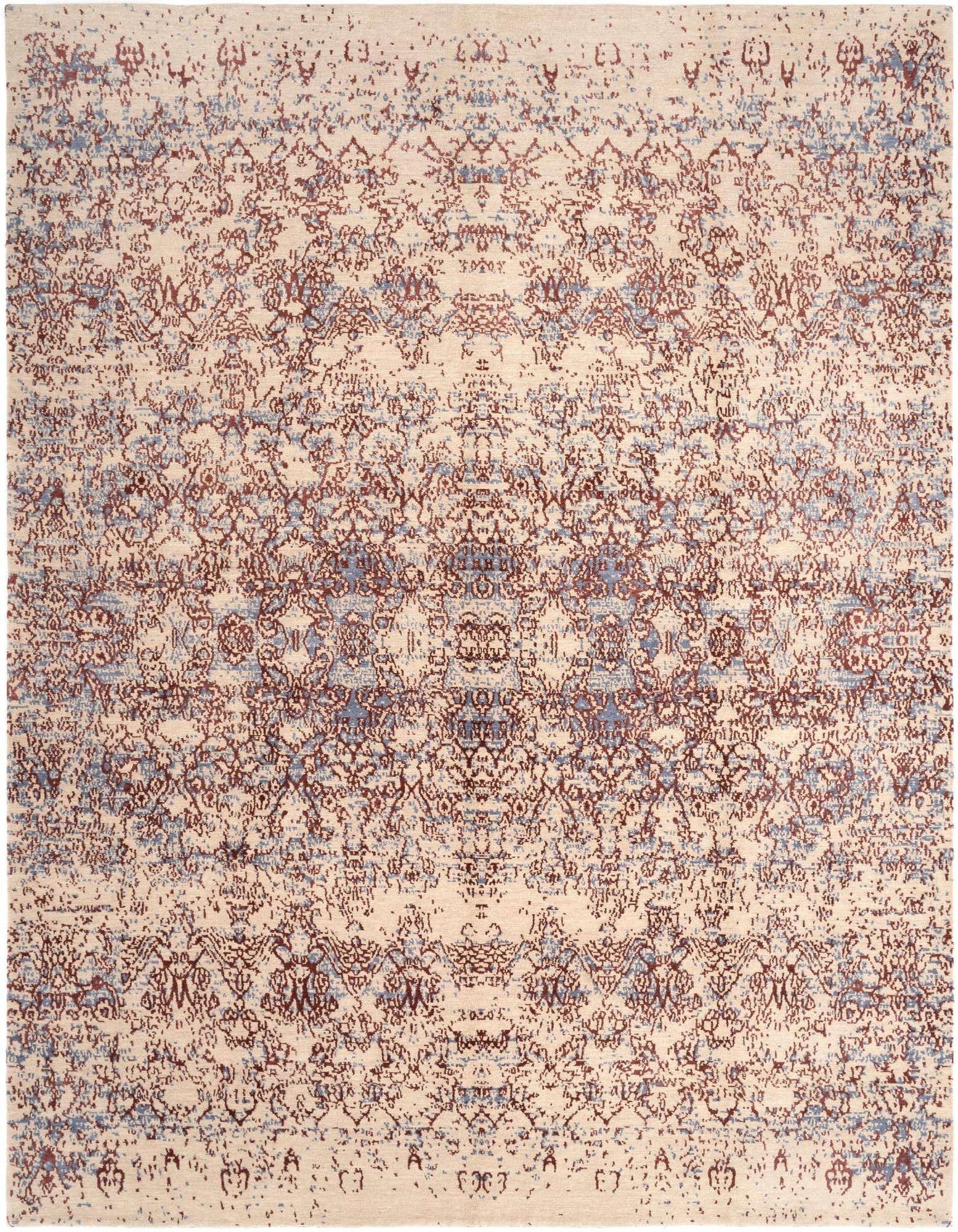 An 8x10 rectangular Nepal Persian rug with an intricate pattern in browns, tans, and creams, suitable for a living room.