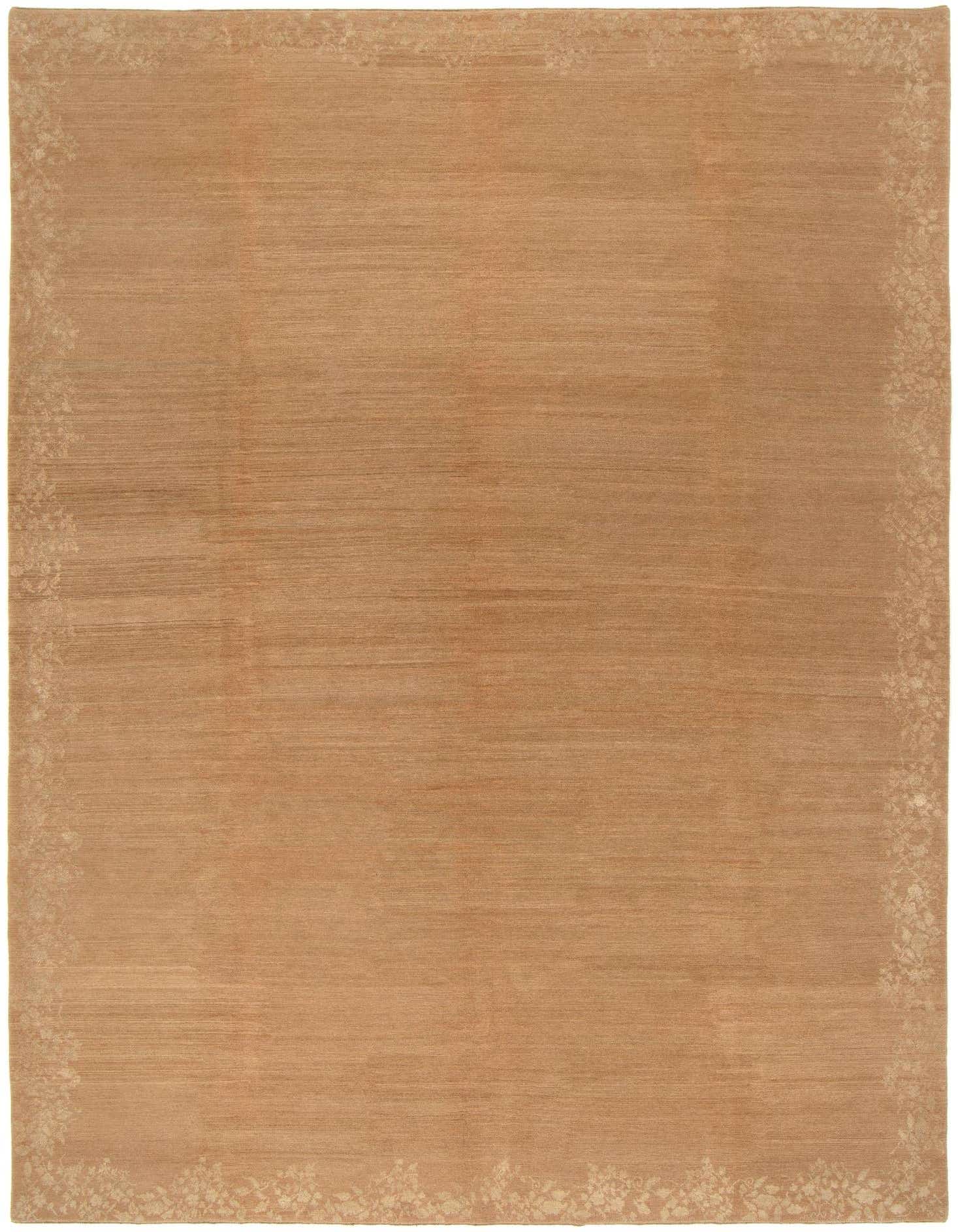 A 10x14 rectangular brown wool and silk rug with a subtle ivory Persian floral border.