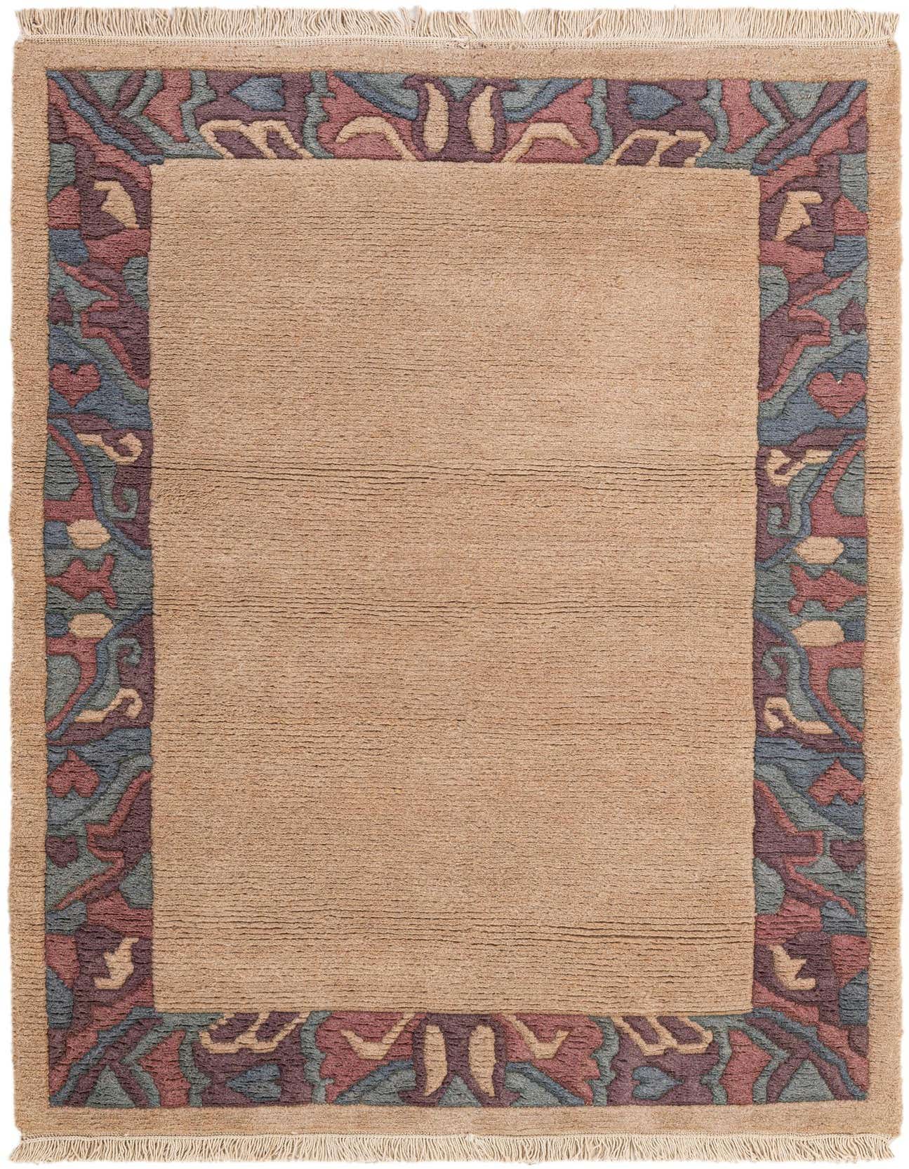 A 4x6 rectangular brown wool rug with a medium pile, featuring an abstract oriental border in muted blues, purples, and creams.