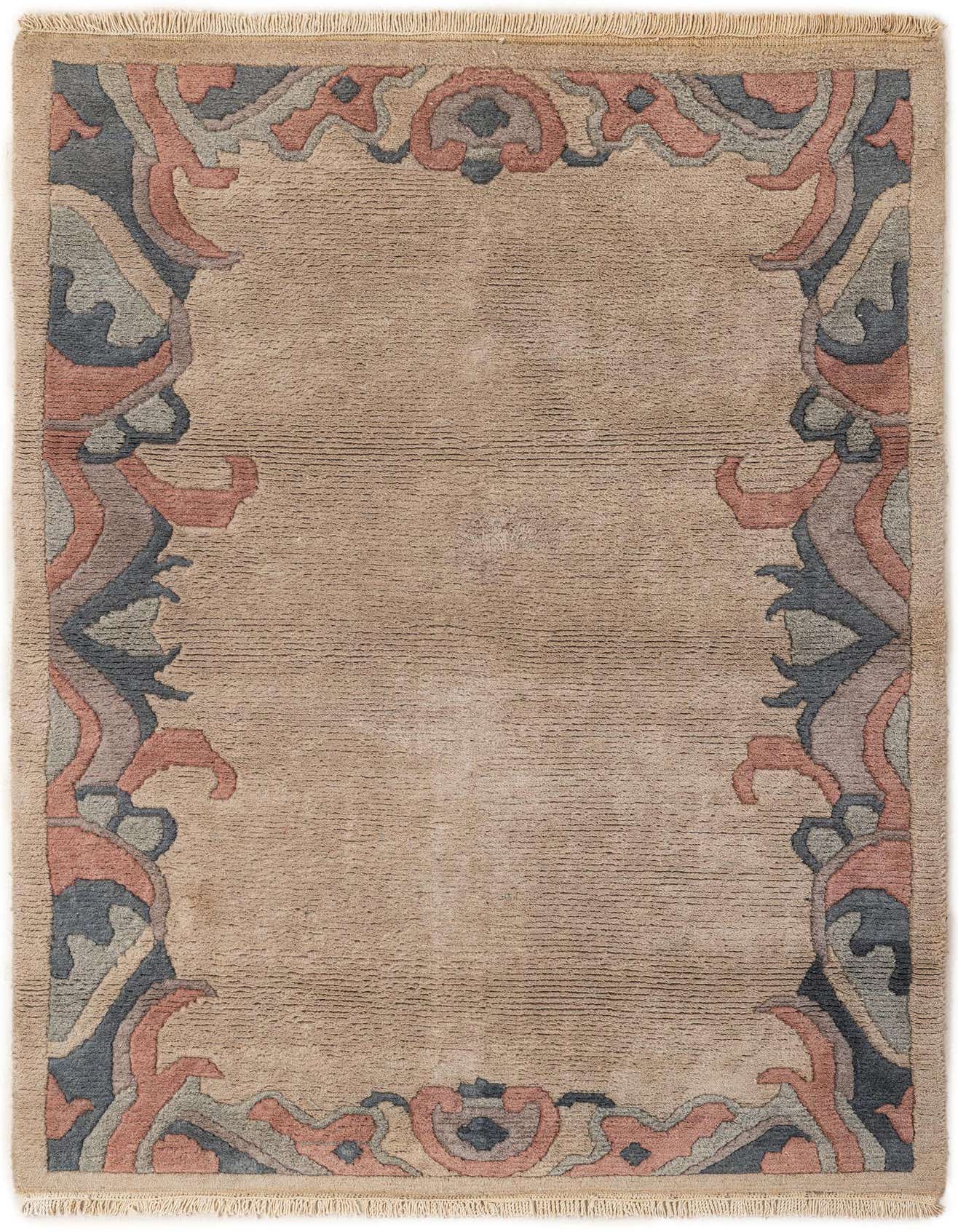 A 4x6 rectangular brown wool rug with a modern oriental border pattern in muted coral, blue, and cream.