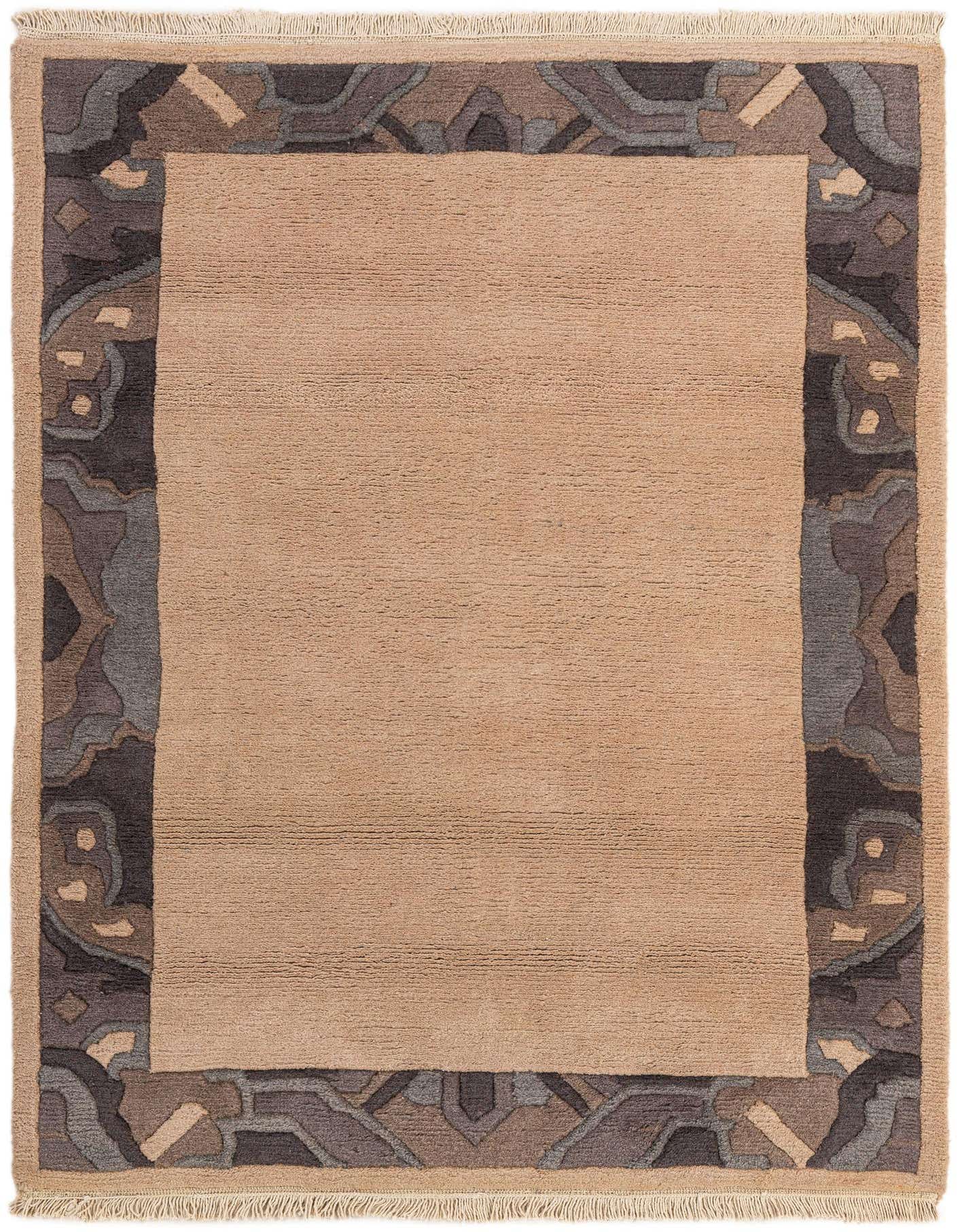 A 4x6 rectangular Nepal Collection wool rug featuring a solid light brown center with a wide, intricate modern oriental border in varying shades of brown, tan, and cream.