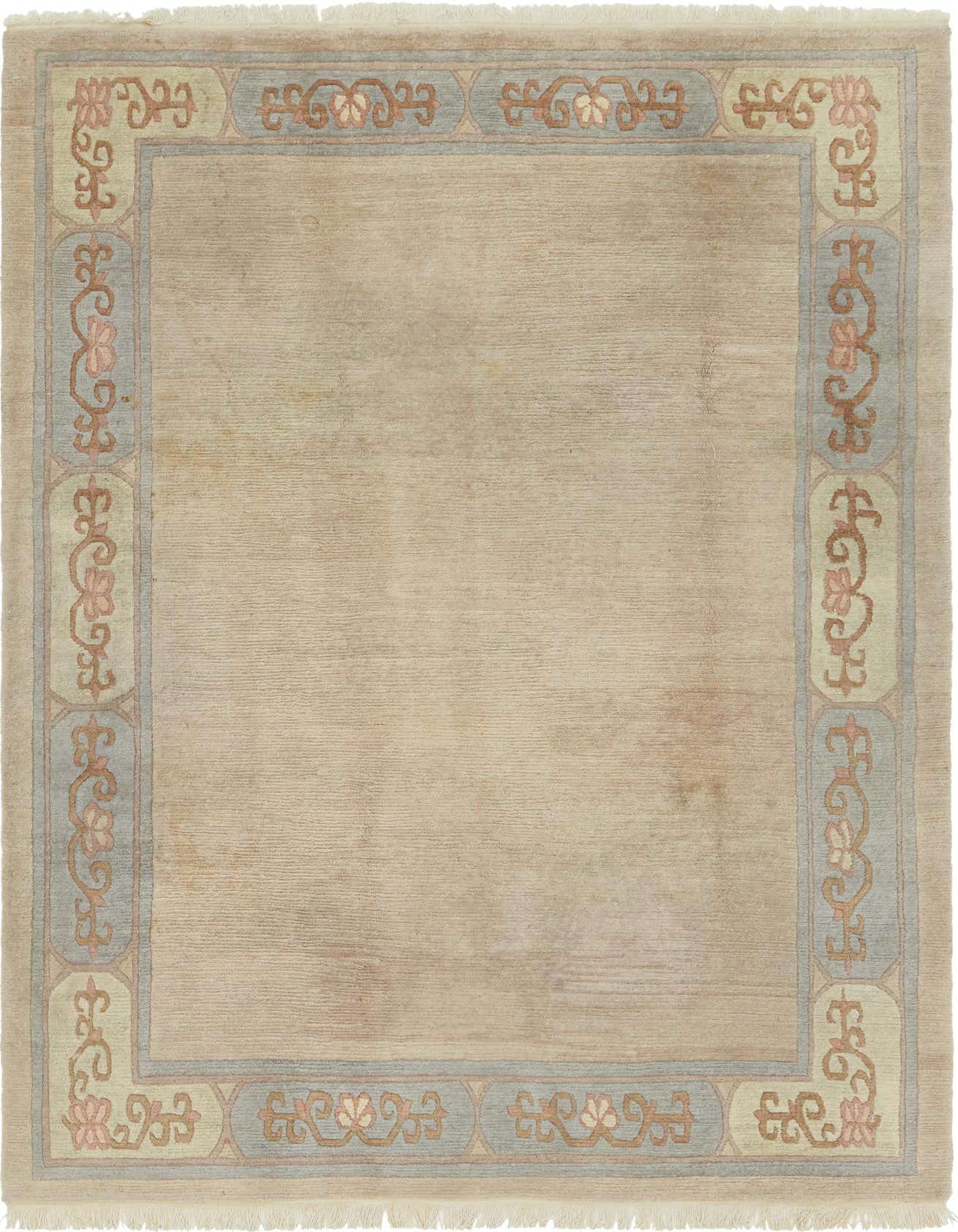 A 7x10 rectangular Nepal rug in brown and ivory, featuring a subtle modern oriental border design, ideal for a living room.