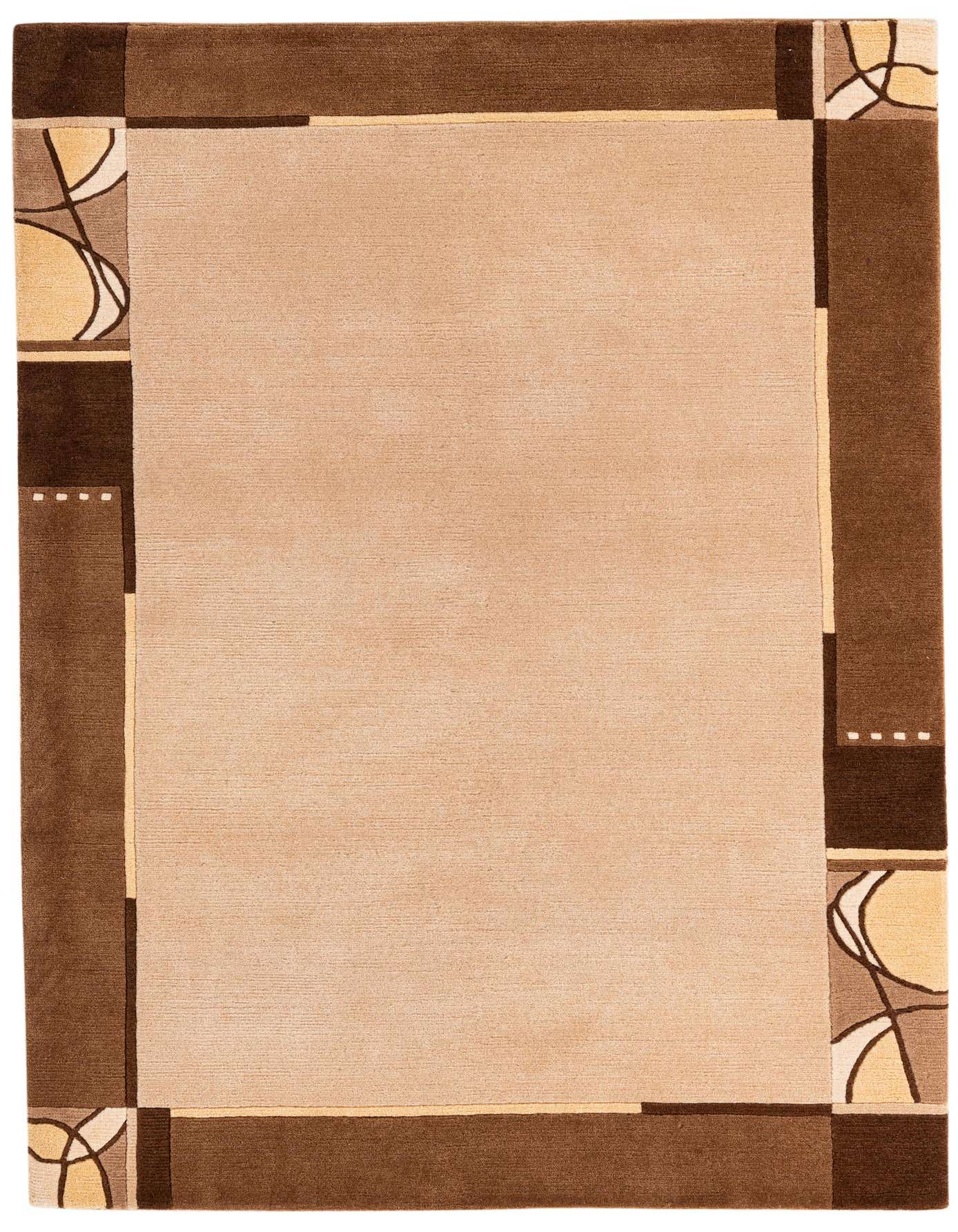 A 4x6 rectangular Nepal Collection rug featuring a light tan center with a dark brown border and modern abstract patterns in corners.