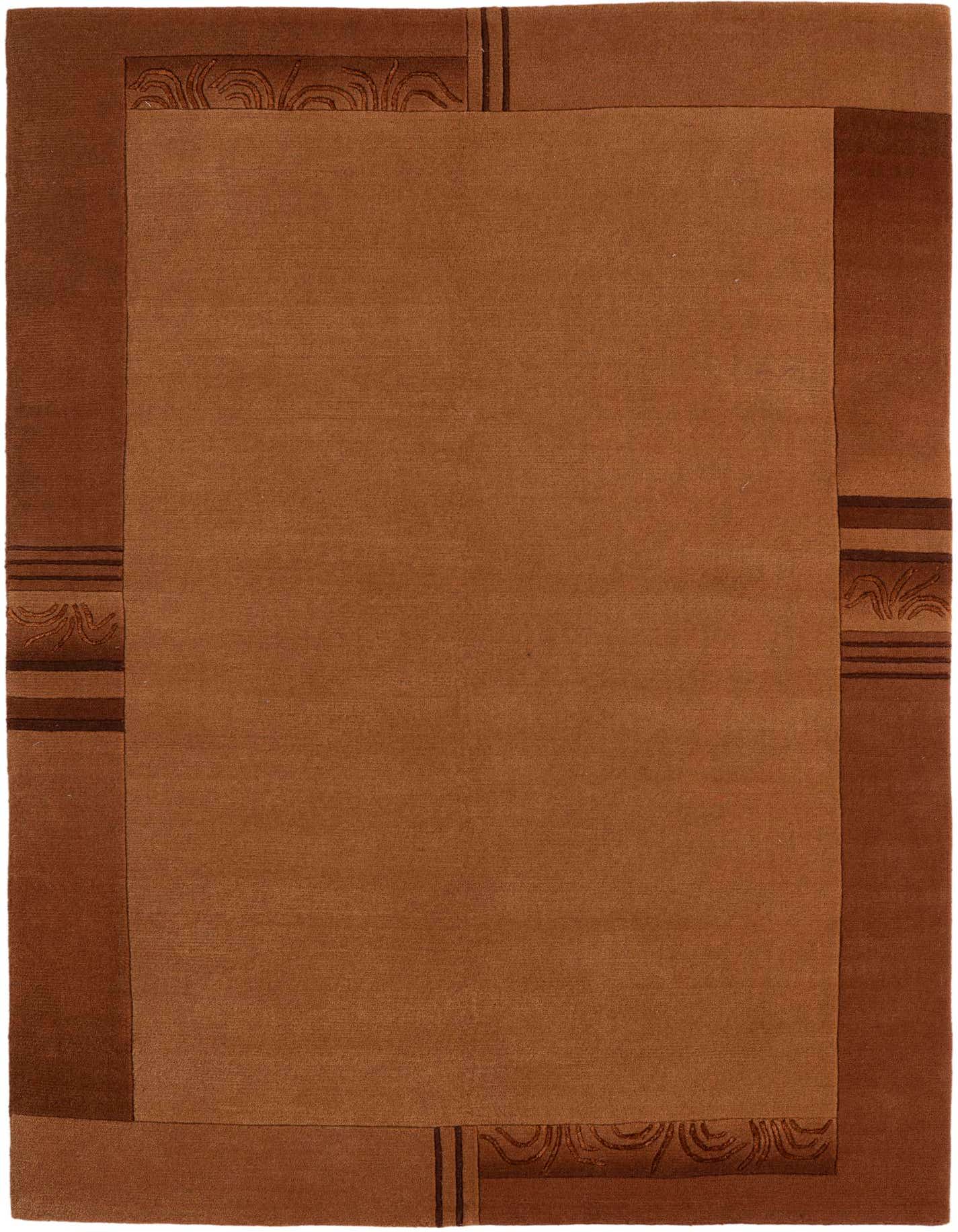 A 5x7 rectangular Nepal collection rug in varying shades of brown, featuring a solid center and a border with subtle modern oriental patterns.