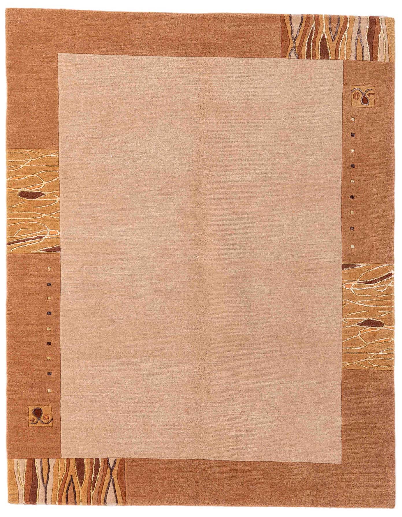 A 4x6 rectangular brown and ivory modern rug with an abstract border pattern, perfect for a living room.