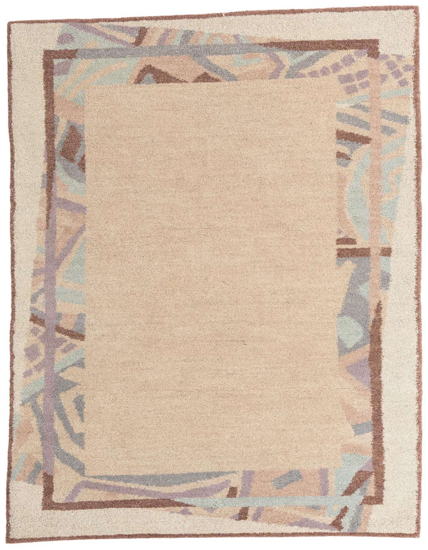 A 5x8 rectangular Nepal rug with a high pile, featuring a solid tan center and a modern abstract border in browns, creams, and muted pastels.