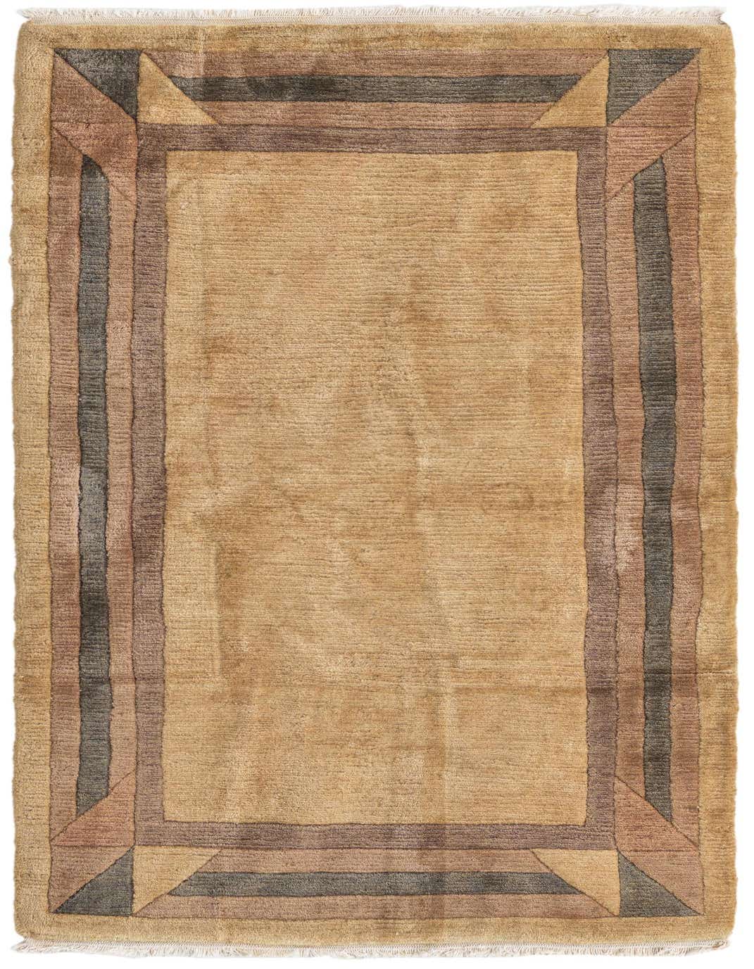 A 3x5 rectangular wool rug featuring a tan field with a modern border in varying shades of brown, tan, and dark gray.