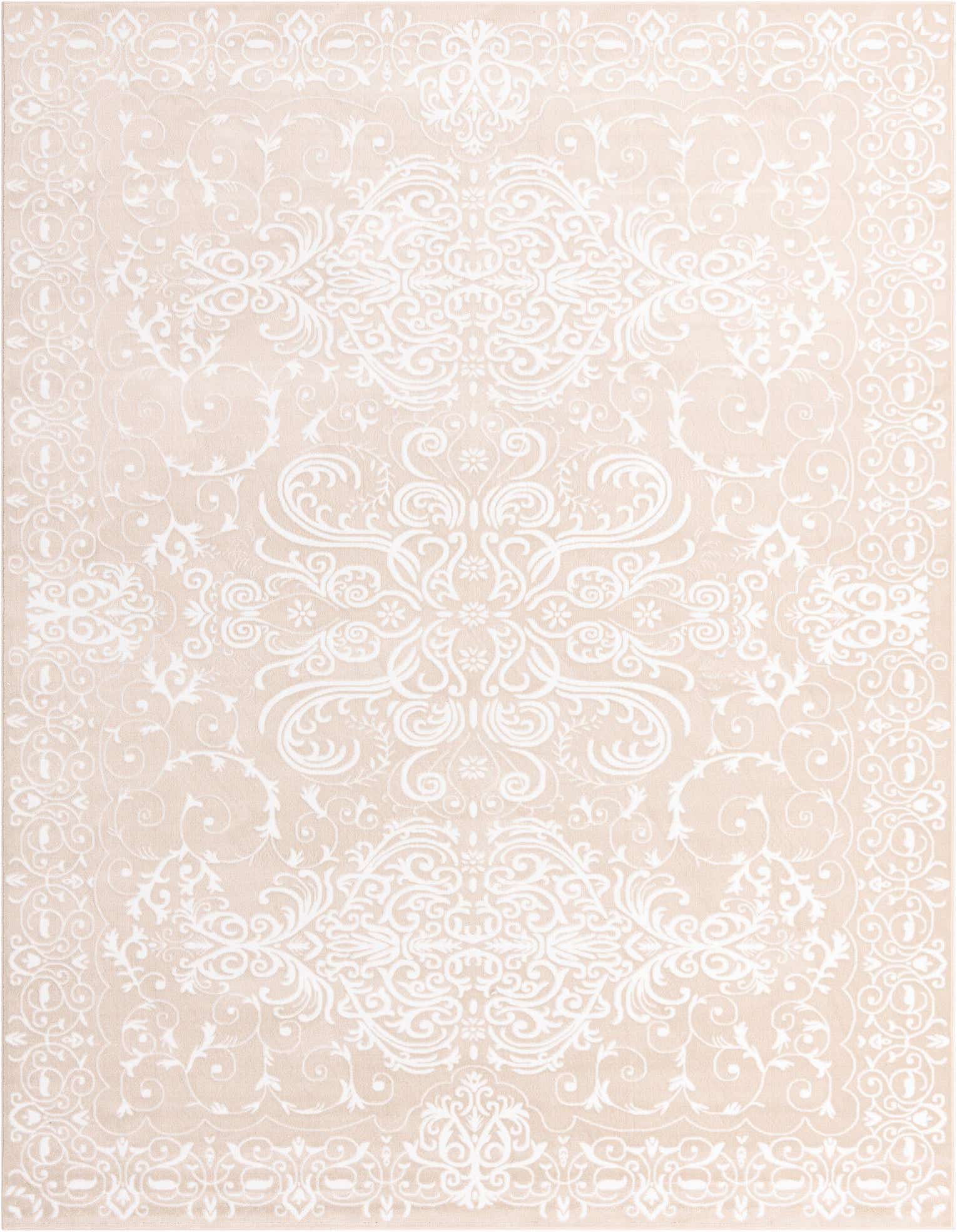 A 10x13 rectangular indoor rug with a textured pile, featuring a cream traditional floral and scroll pattern on a light brown background.