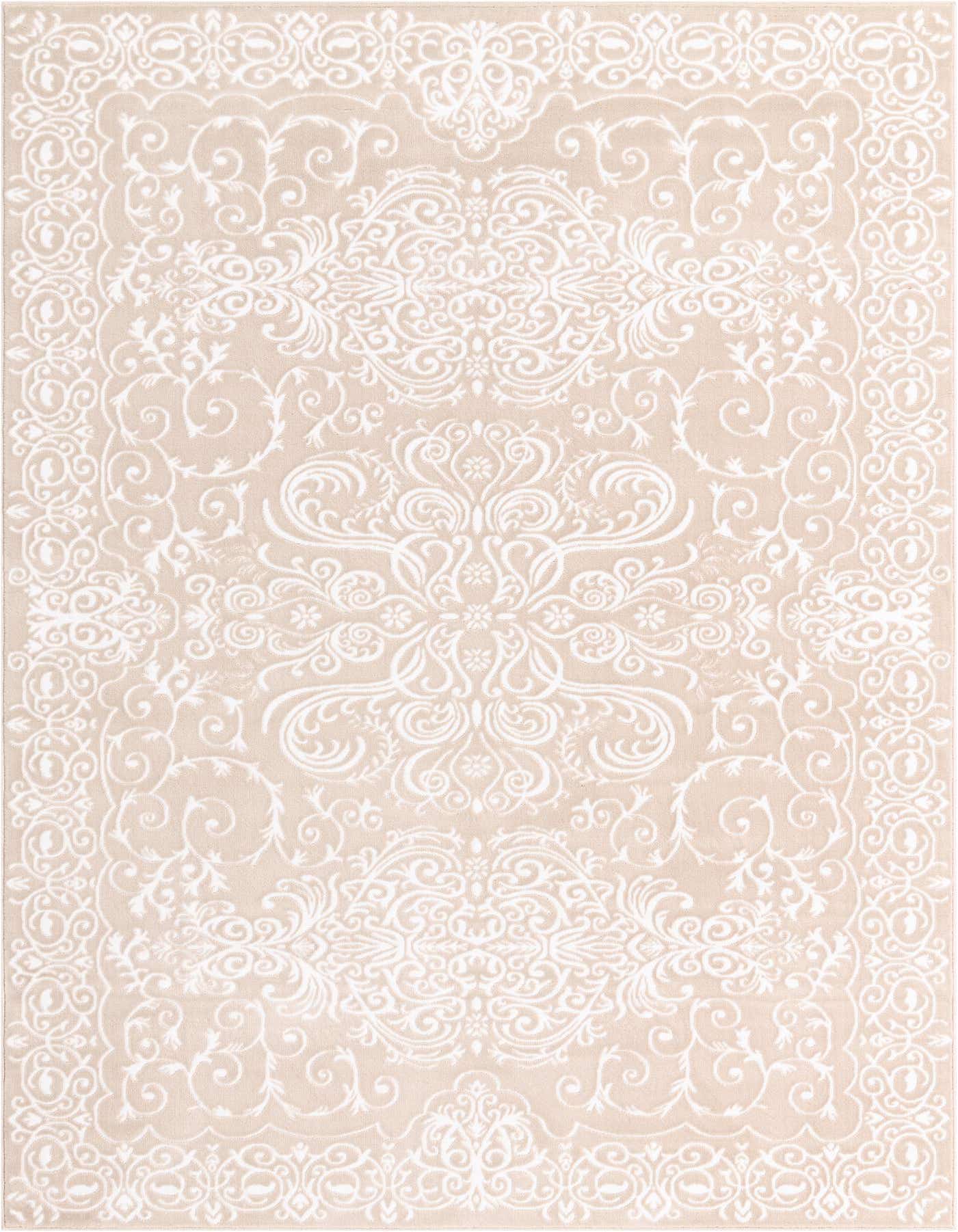 A 7x10 rectangular Nepal rug by Rugs.com featuring an intricate ivory traditional floral pattern on a light brown background.