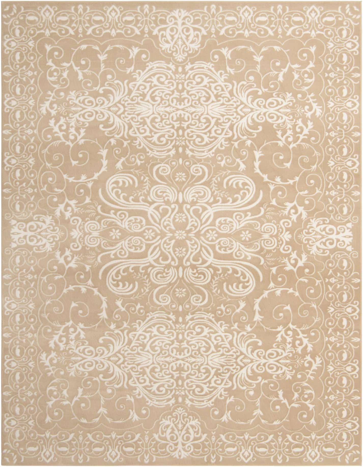 A large 10x14 rectangular indoor rug featuring an intricate ivory traditional floral pattern on a warm tan background.