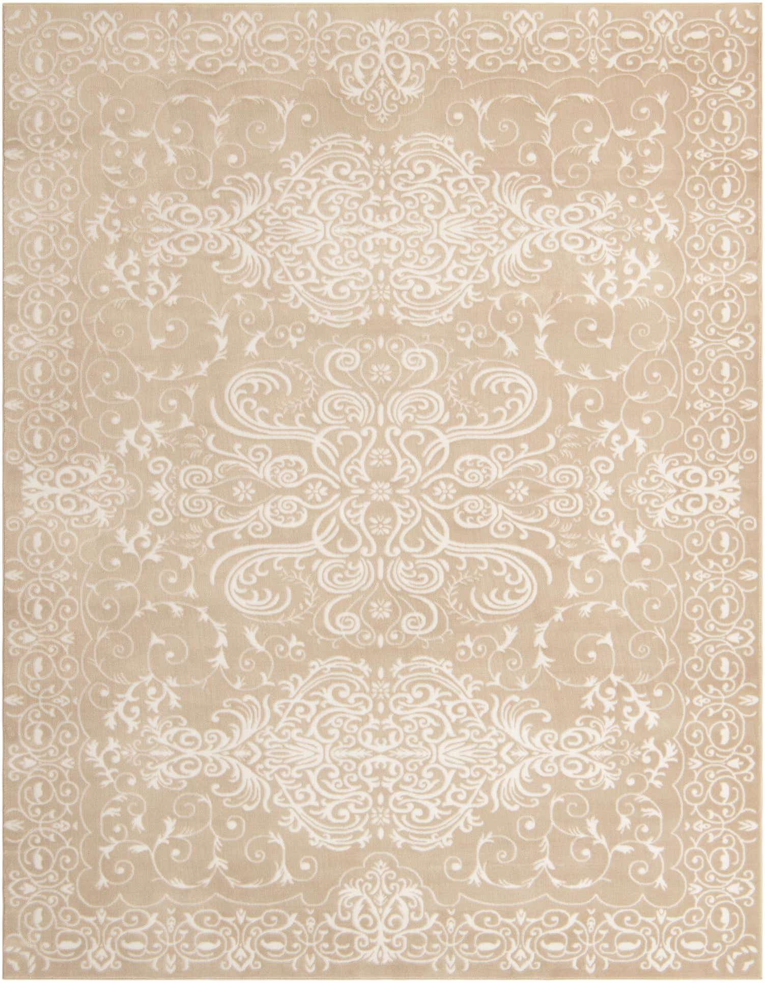 A 9x12 rectangular Nepal collection rug by Rugs.com, featuring a traditional French floral pattern in beige and ivory.