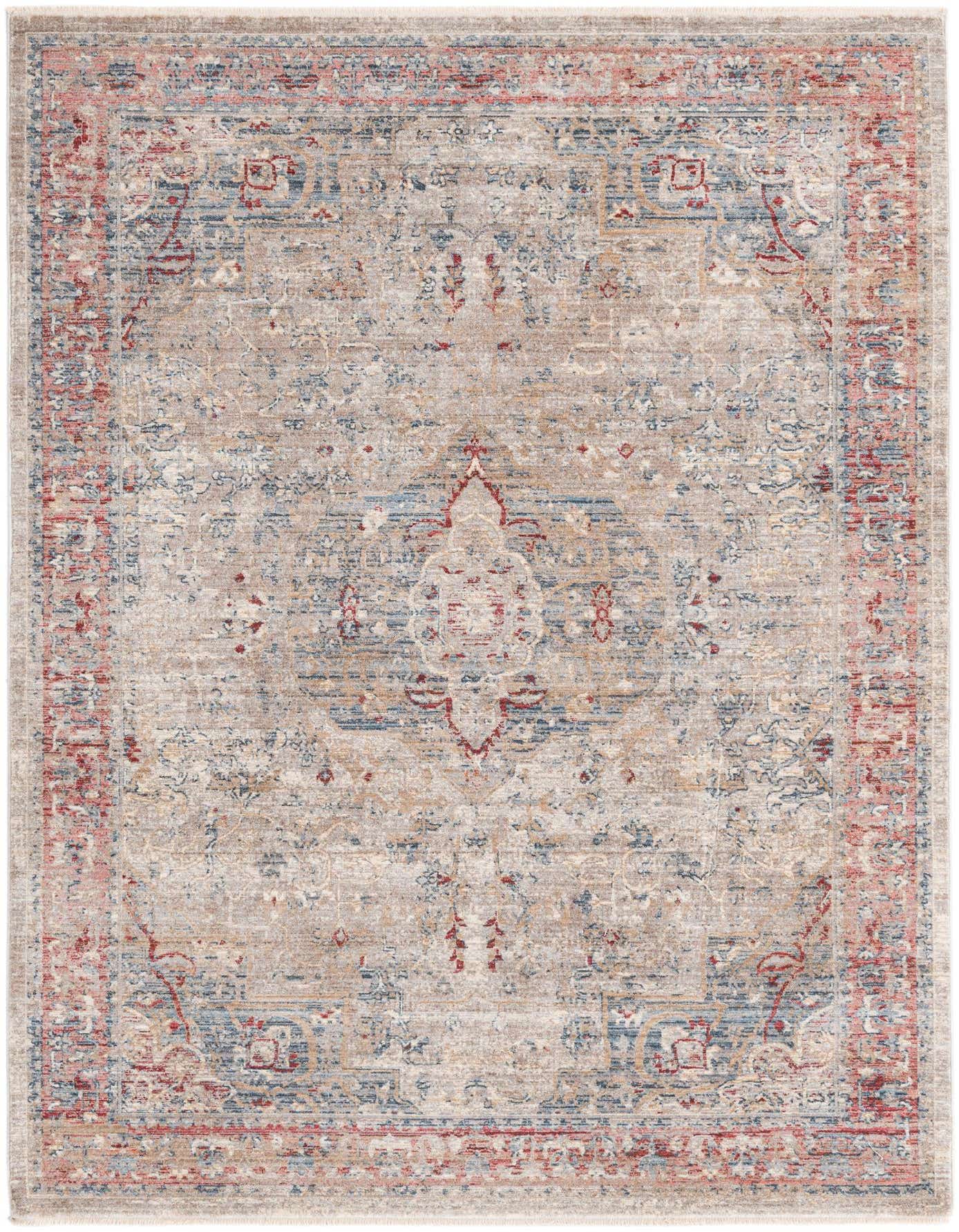 A 5x8 rectangular indoor rug with a distressed traditional pattern in browns, tans, ivories, creams, and hints of blue and red.