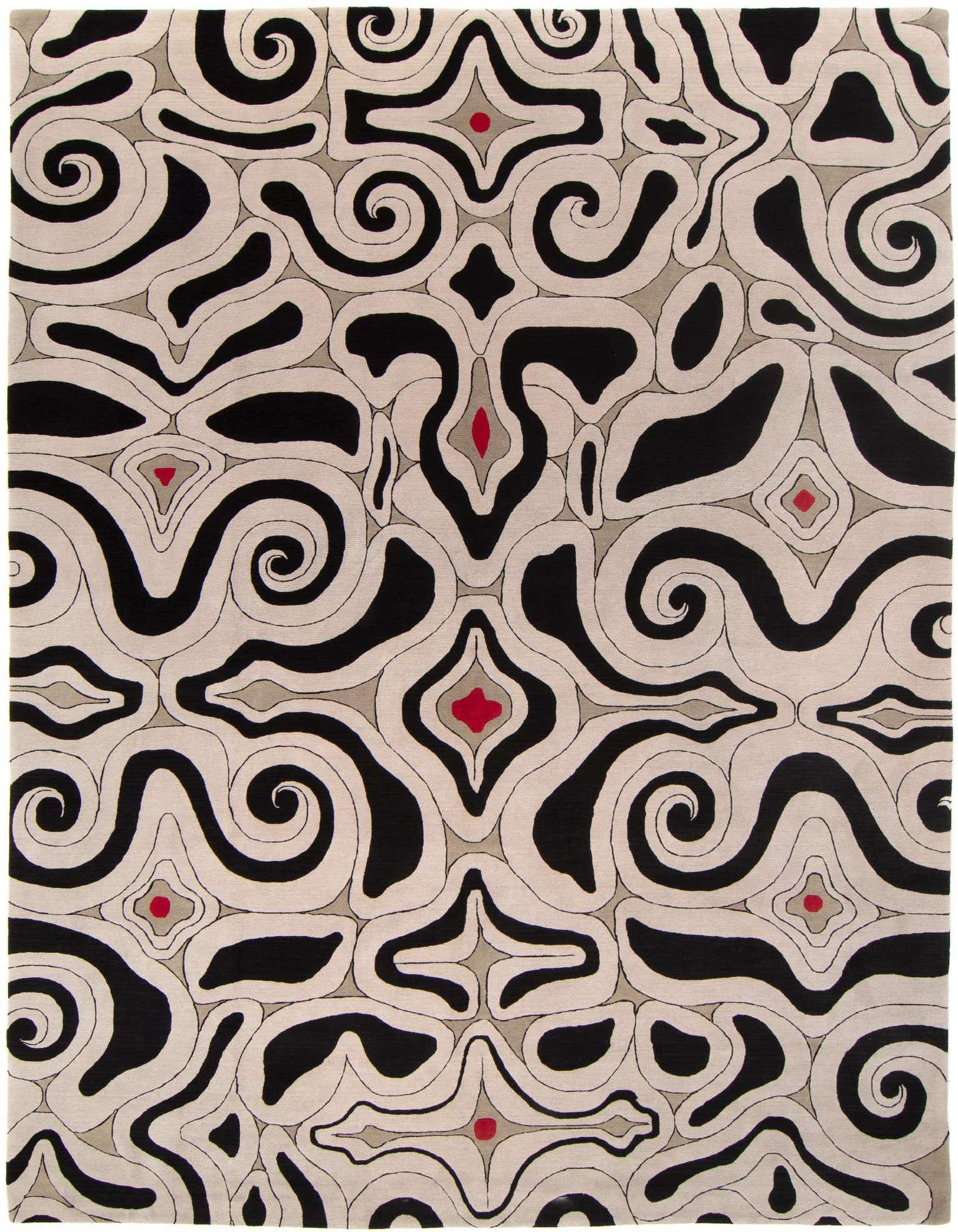 A 9x12 rectangular Odegard rug featuring a flowing, abstract Persian pattern in black, cream, and tan with small red accents.