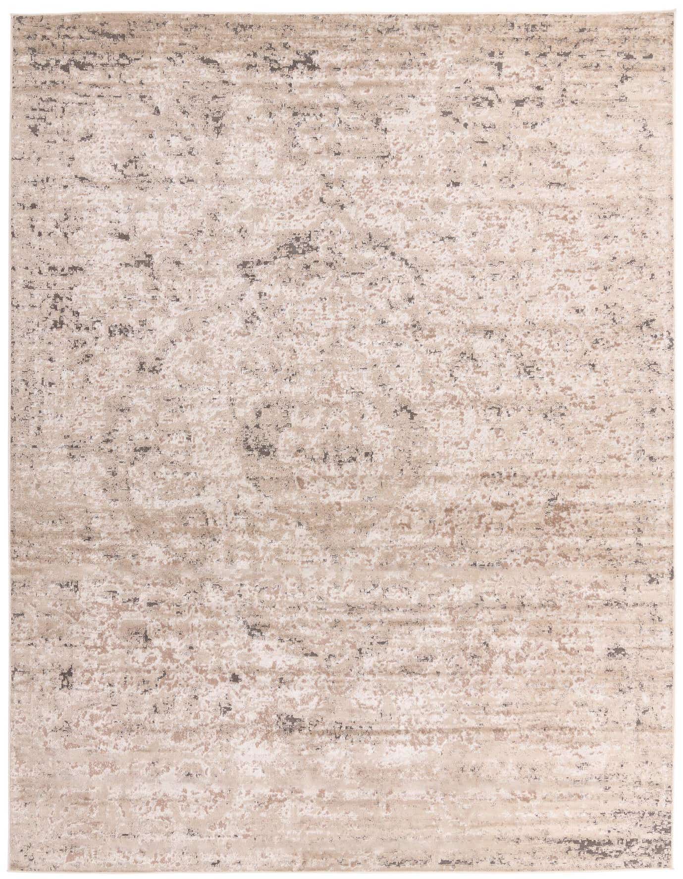 A 10x14 rectangular Oregon Collection rug featuring a distressed shabby-chic pattern in browns, tans, and creams.