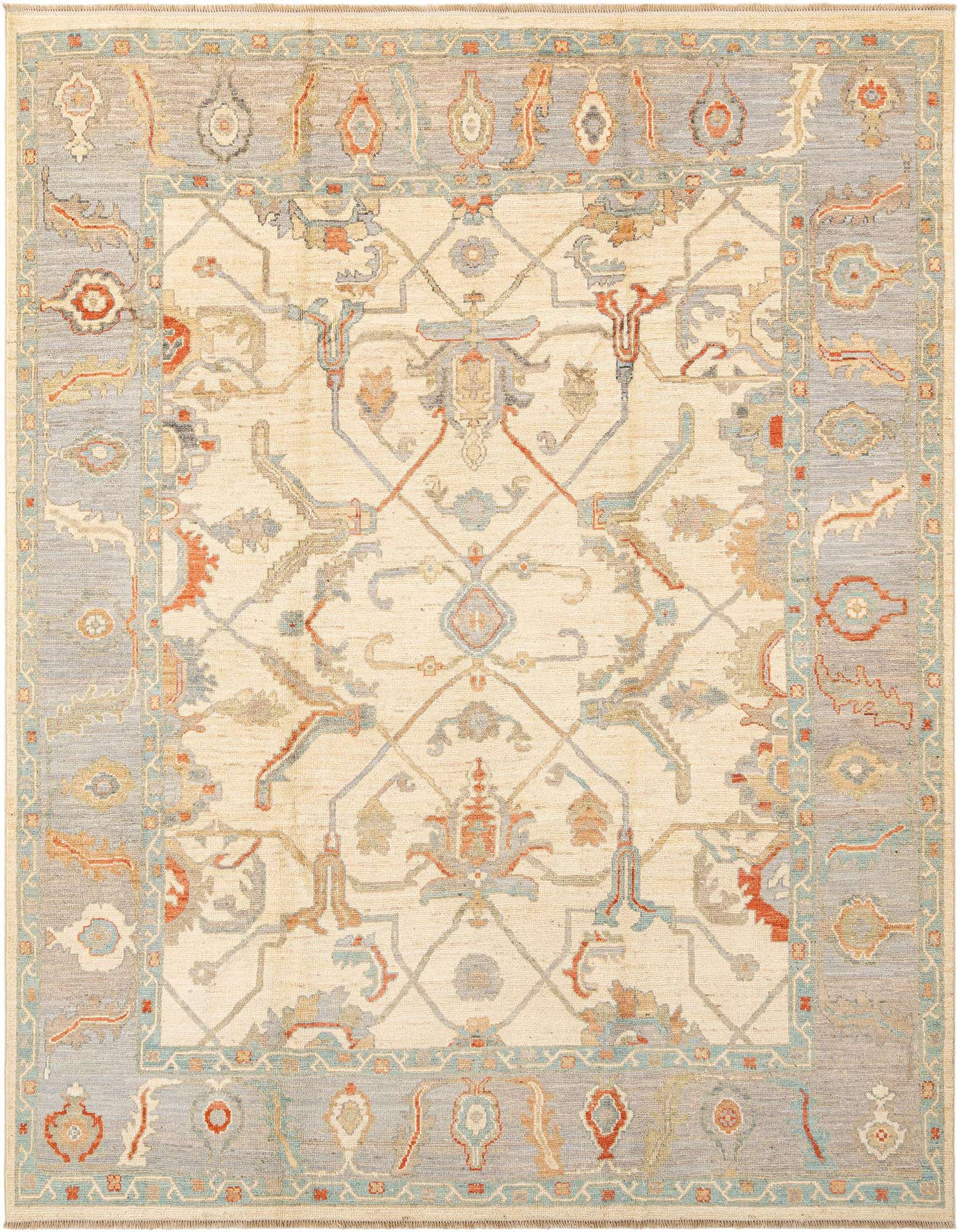 Handmade rectangular Oushak rug featuring a cream field with intricate Persian patterns in brown, tan, and light blue, framed by a gray-blue border.