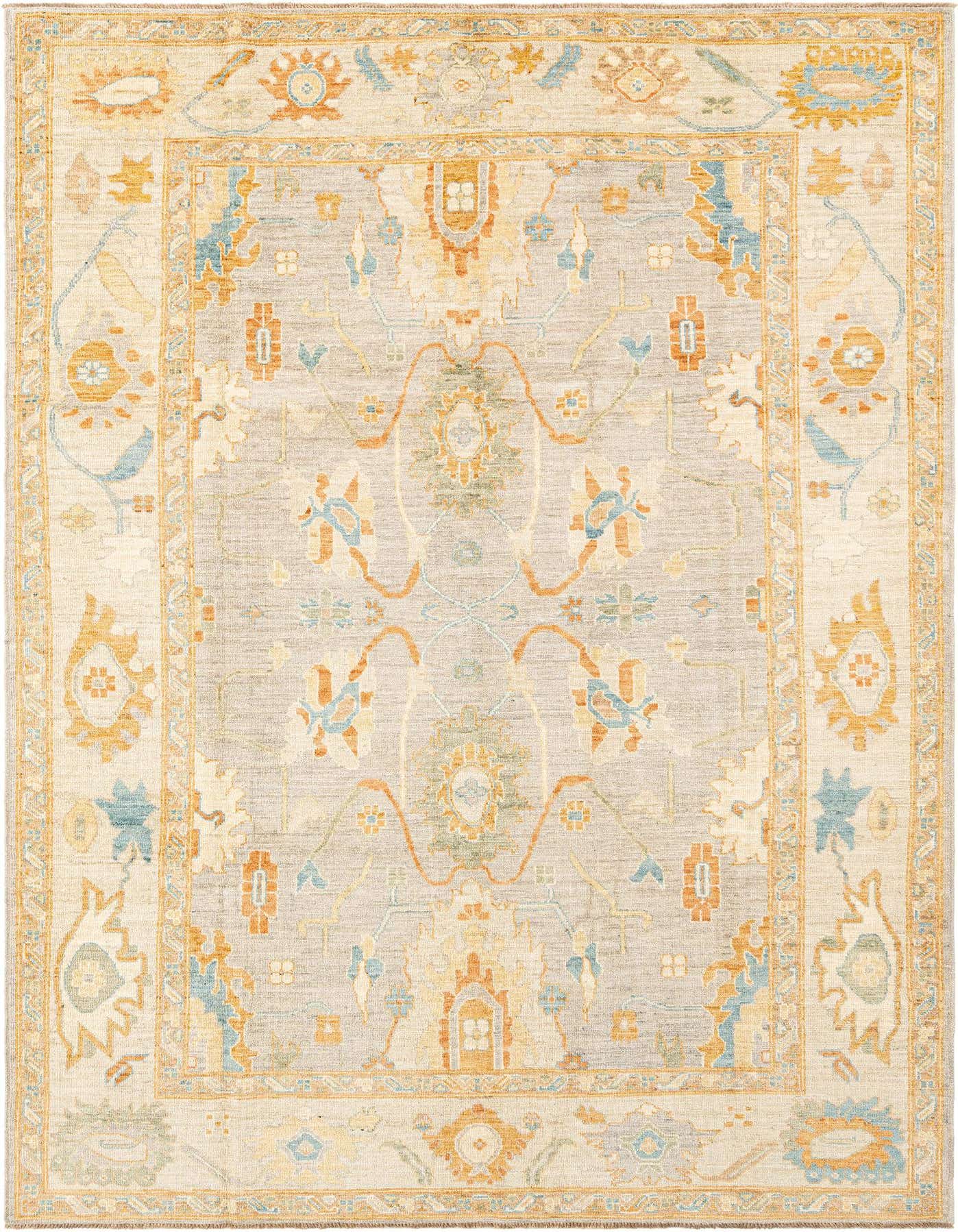 Handmade rectangular Oushak Persian rug with a light brown field and ivory border, featuring intricate floral and medallion patterns in tan, orange, and light blue.