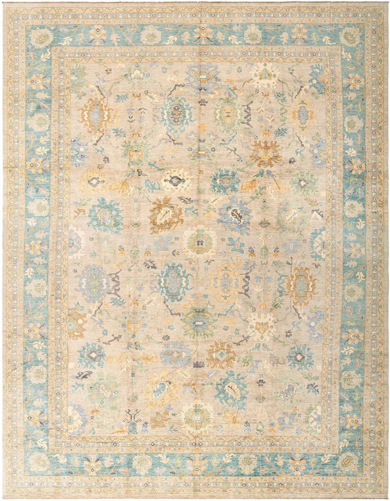 Rectangular Oushak wool rug with a light brown and ivory field, featuring traditional floral motifs in blue, gold, and green, framed by a wide teal border.